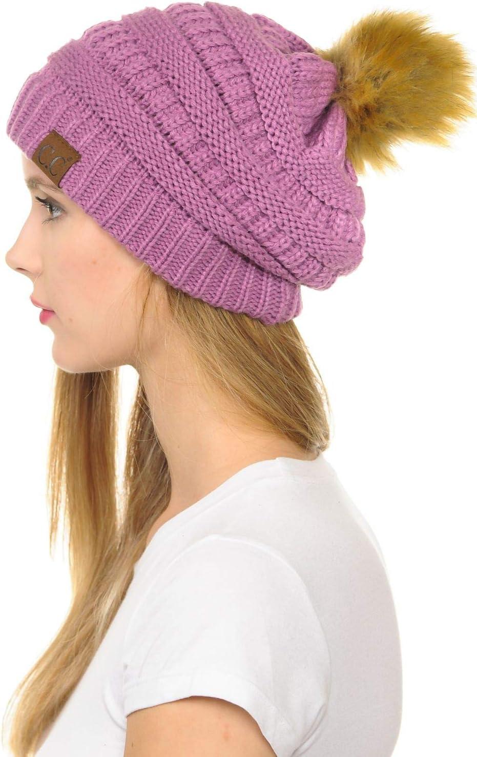 imageCC Hat43 Thick Warm Cap Hat Skully Faux Fur Pom Pom Cable Knit Beanie 2 PackNew Lavender