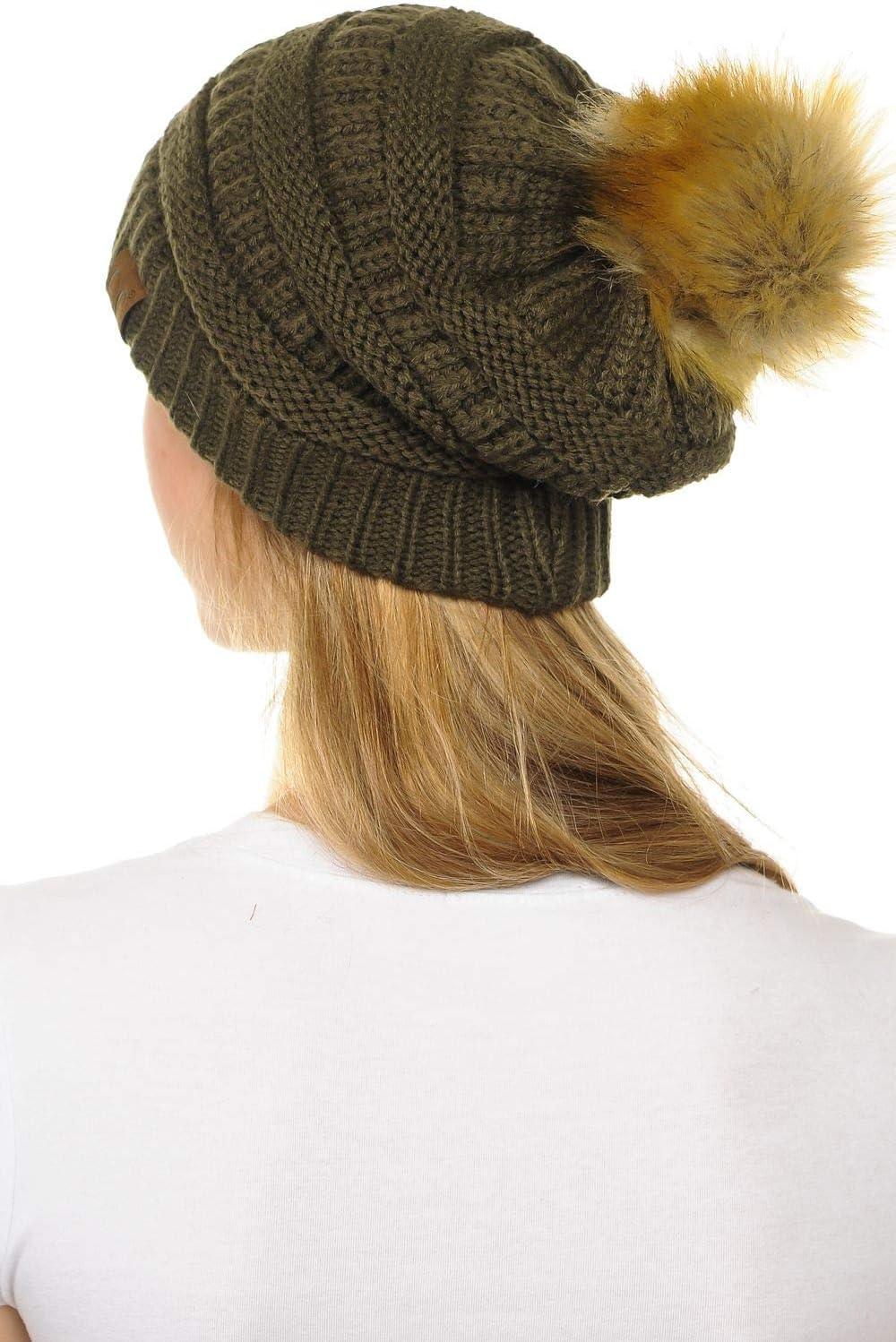 imageCC Hat43 Thick Warm Cap Hat Skully Faux Fur Pom Pom Cable Knit Beanie 2 PackNew Olive