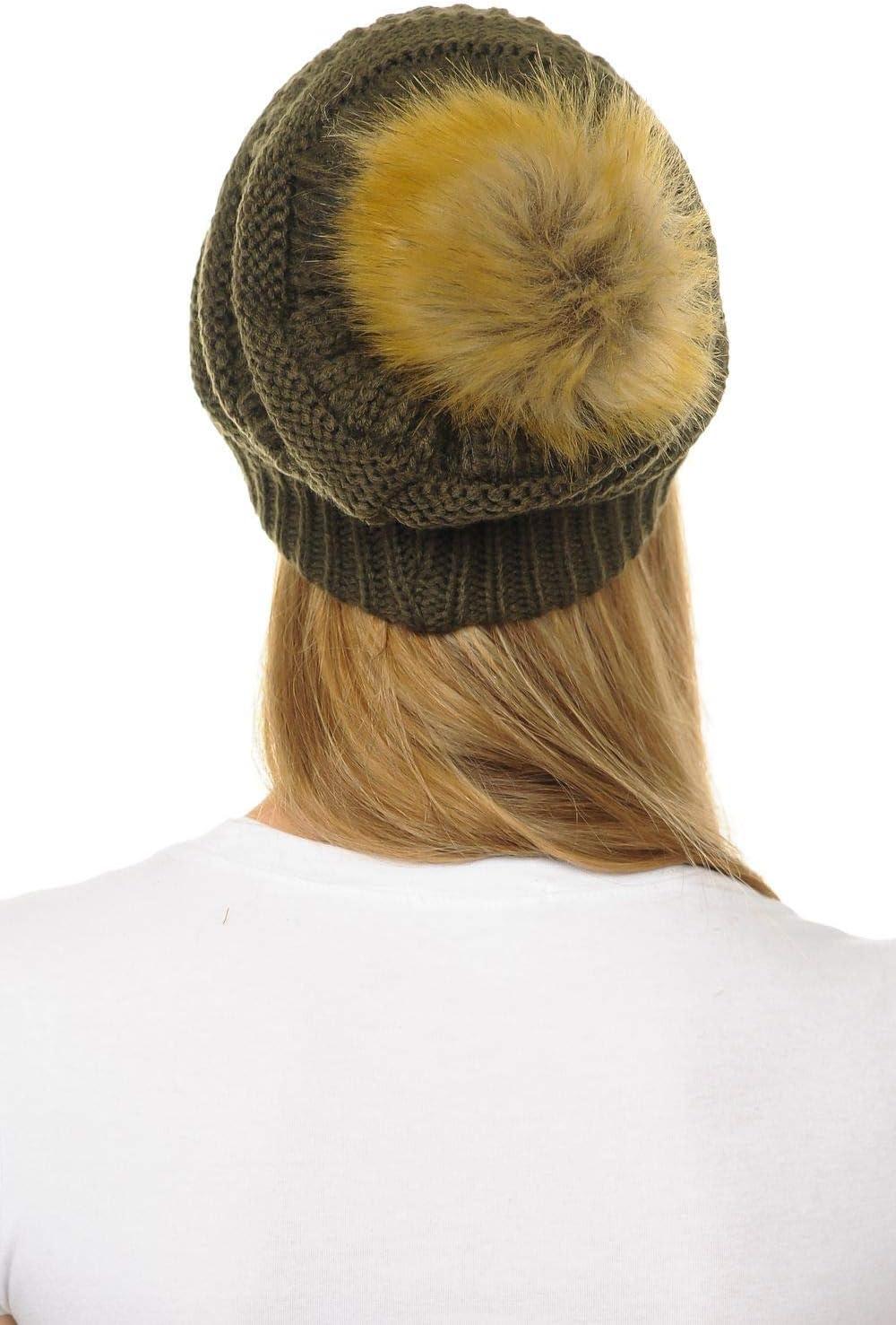 imageCC Hat43 Thick Warm Cap Hat Skully Faux Fur Pom Pom Cable Knit Beanie 2 PackNew Olive