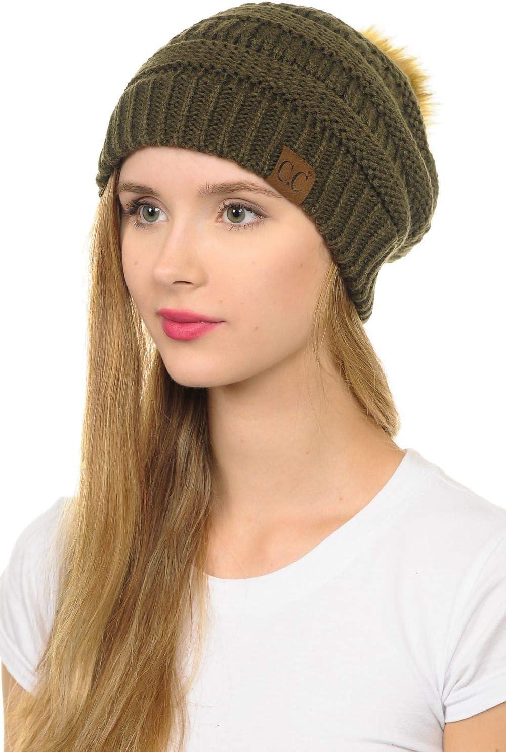 imageCC Hat43 Thick Warm Cap Hat Skully Faux Fur Pom Pom Cable Knit Beanie 2 PackNew Olive
