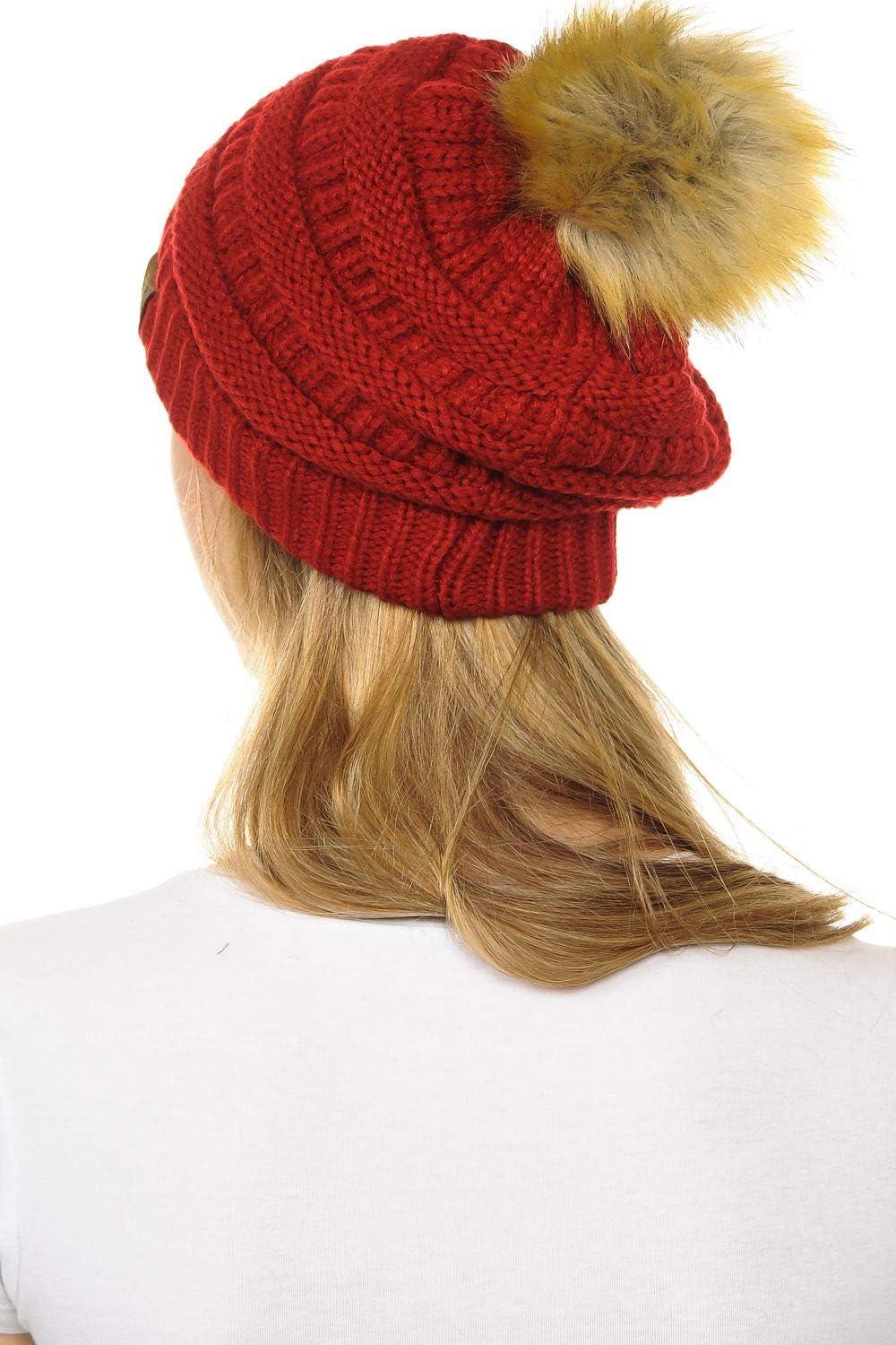 imageCC Hat43 Thick Warm Cap Hat Skully Faux Fur Pom Pom Cable Knit Beanie 2 PackRed