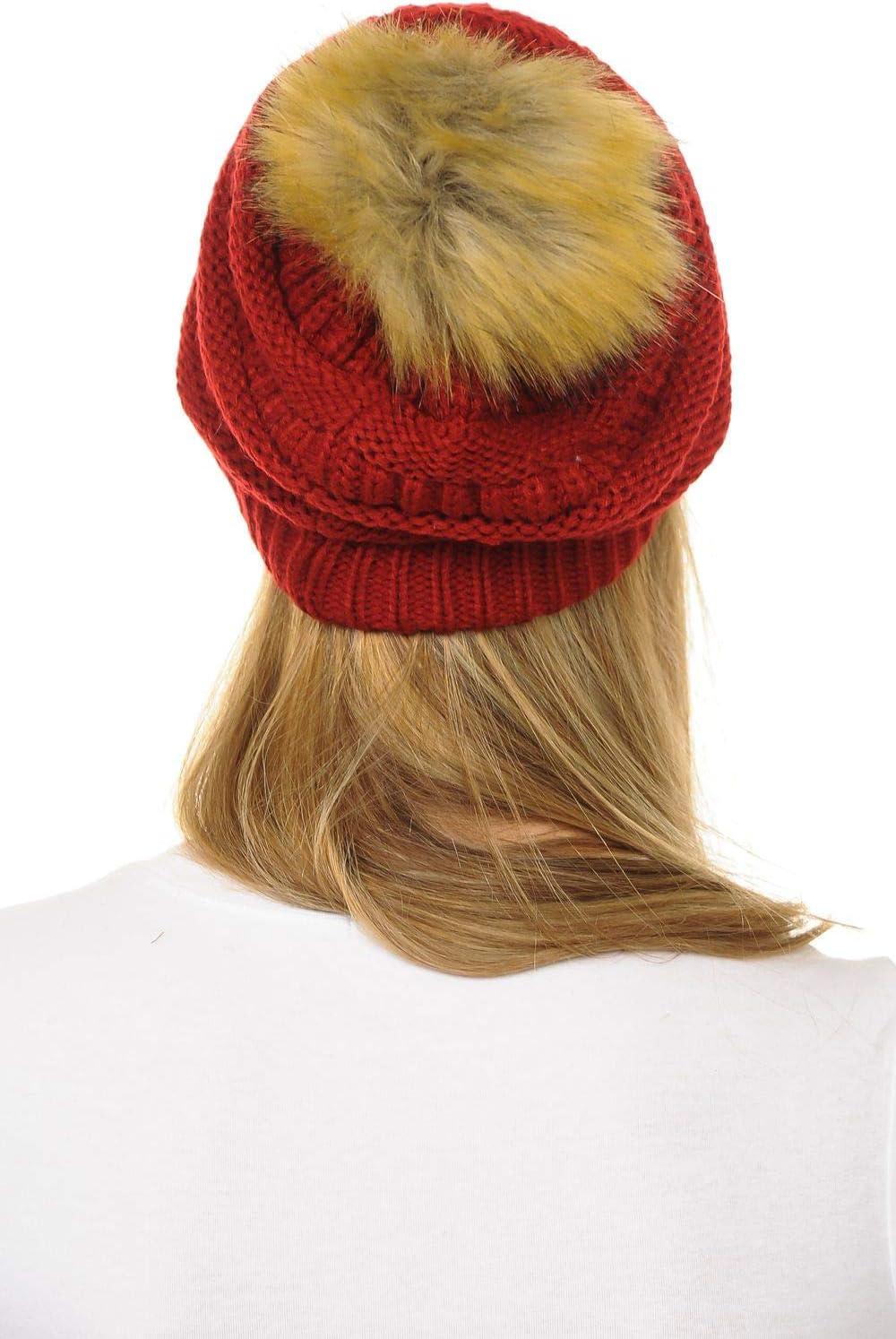 imageCC Hat43 Thick Warm Cap Hat Skully Faux Fur Pom Pom Cable Knit Beanie 2 PackRed