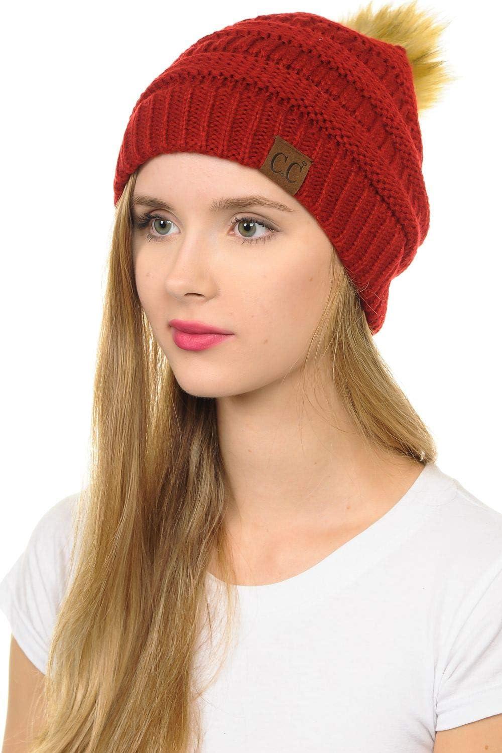 imageCC Hat43 Thick Warm Cap Hat Skully Faux Fur Pom Pom Cable Knit Beanie 2 PackRed