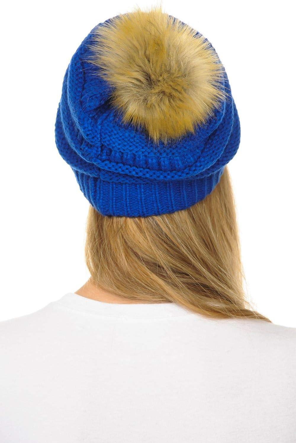 imageCC Hat43 Thick Warm Cap Hat Skully Faux Fur Pom Pom Cable Knit Beanie 2 PackRoyal