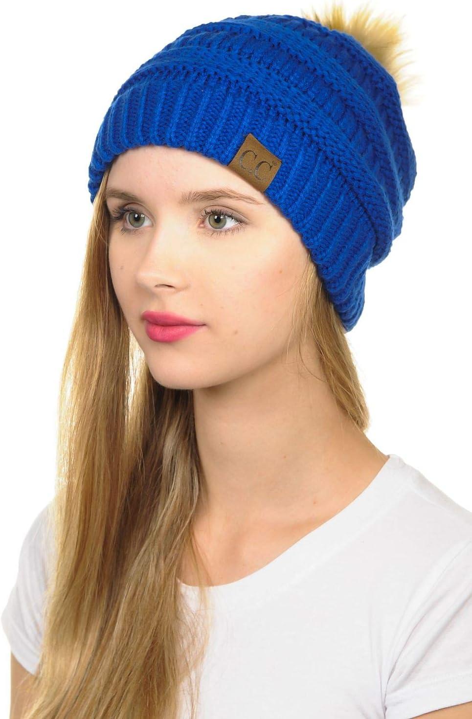 imageCC Hat43 Thick Warm Cap Hat Skully Faux Fur Pom Pom Cable Knit Beanie 2 PackRoyal