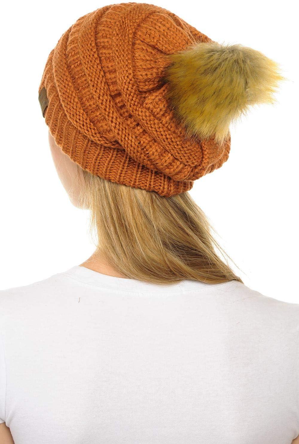 imageCC Hat43 Thick Warm Cap Hat Skully Faux Fur Pom Pom Cable Knit Beanie 2 PackRust