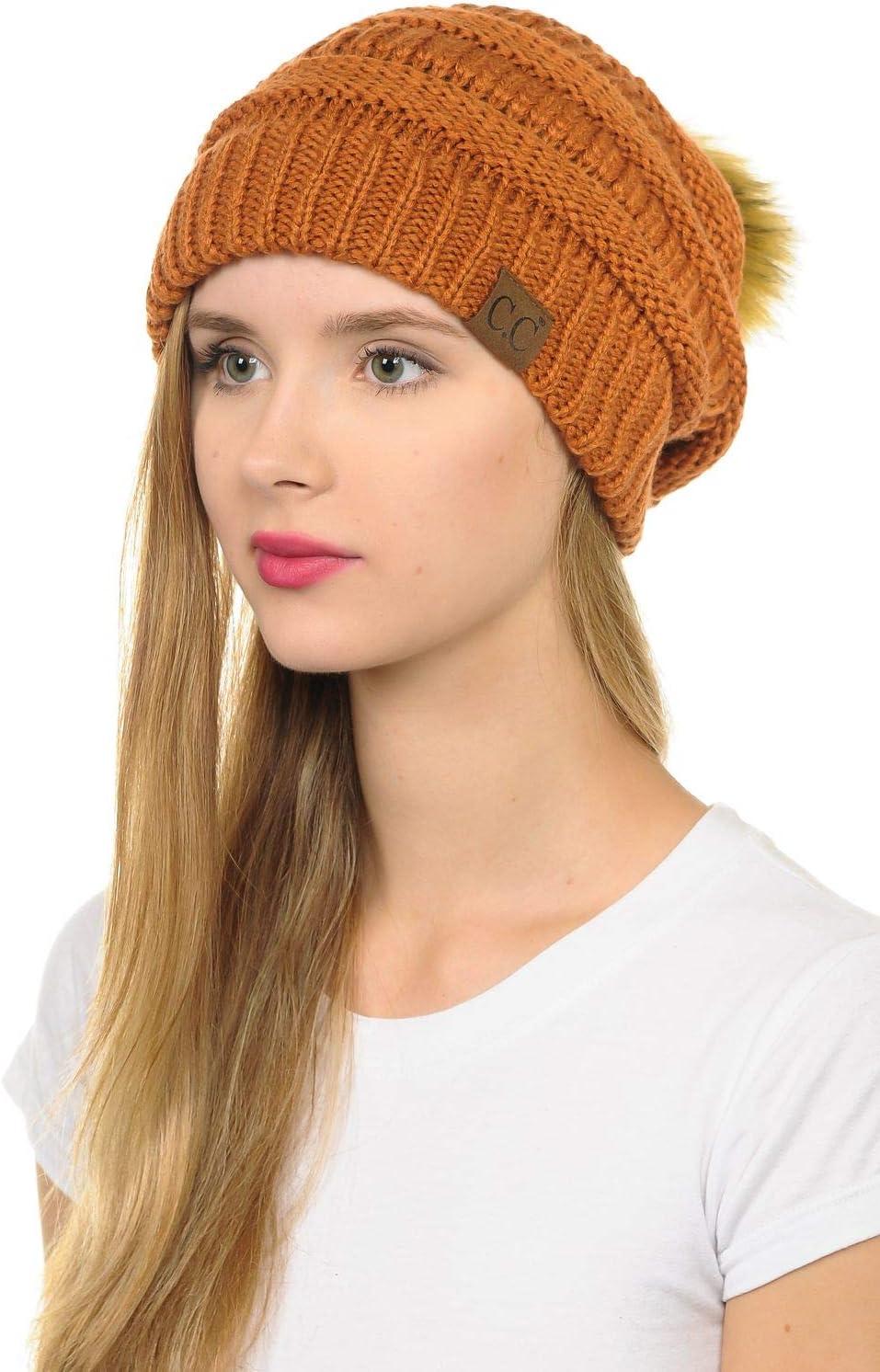 imageCC Hat43 Thick Warm Cap Hat Skully Faux Fur Pom Pom Cable Knit Beanie 2 PackRust