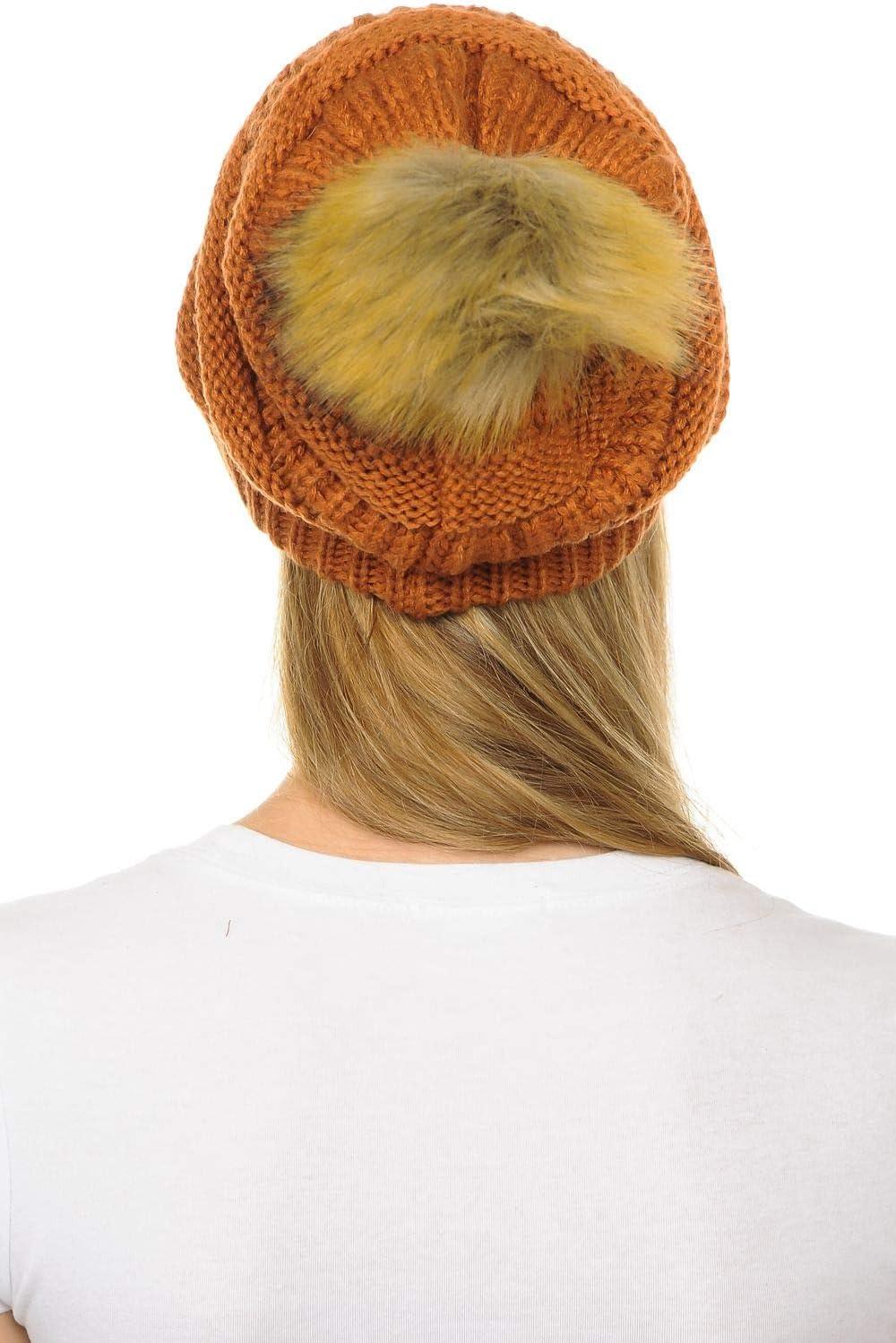 imageCC Hat43 Thick Warm Cap Hat Skully Faux Fur Pom Pom Cable Knit Beanie 2 PackRust