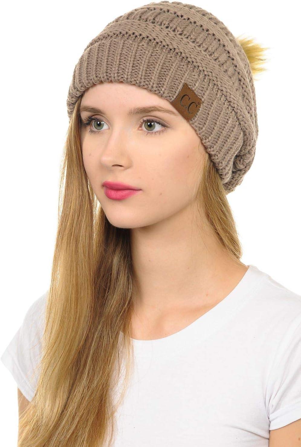 imageCC Hat43 Thick Warm Cap Hat Skully Faux Fur Pom Pom Cable Knit Beanie 2 PackTaupe