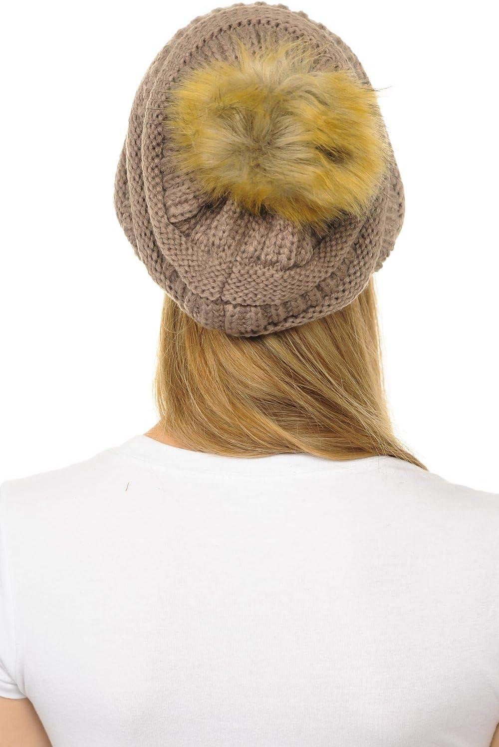 imageCC Hat43 Thick Warm Cap Hat Skully Faux Fur Pom Pom Cable Knit Beanie 2 PackTaupe