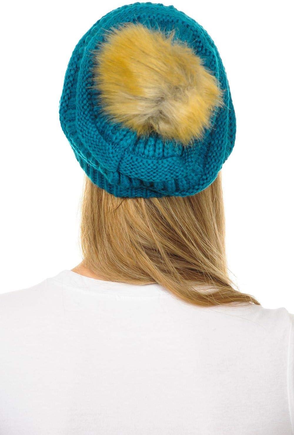 imageCC Hat43 Thick Warm Cap Hat Skully Faux Fur Pom Pom Cable Knit Beanie 2 PackTeal