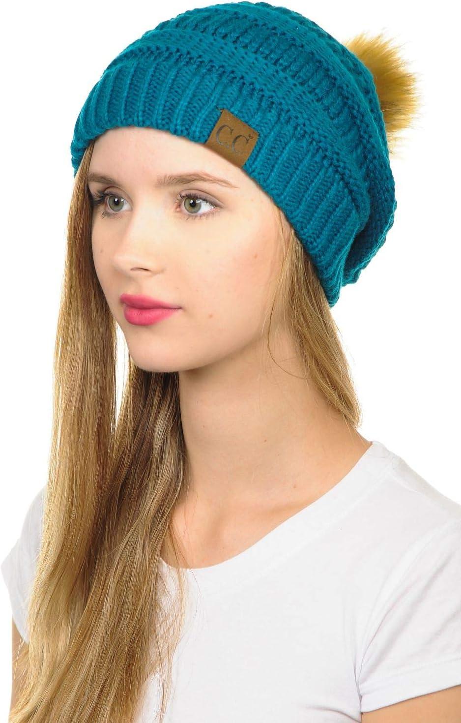 imageCC Hat43 Thick Warm Cap Hat Skully Faux Fur Pom Pom Cable Knit Beanie 2 PackTeal