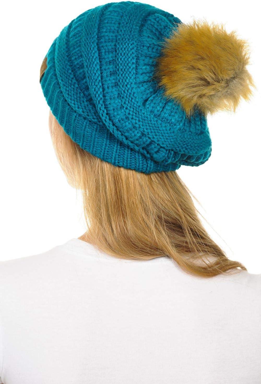 imageCC Hat43 Thick Warm Cap Hat Skully Faux Fur Pom Pom Cable Knit Beanie 2 PackTeal