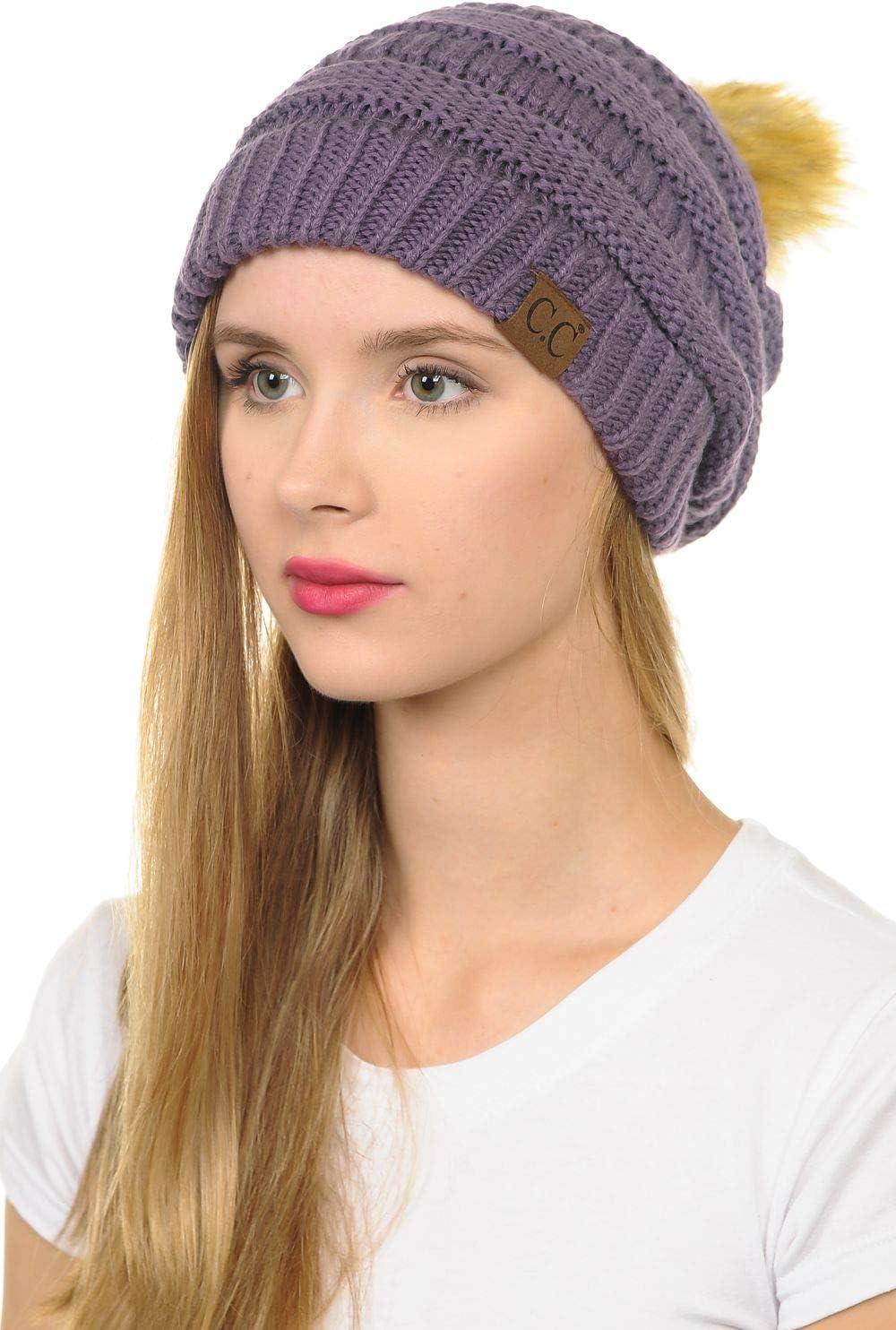 imageCC Hat43 Thick Warm Cap Hat Skully Faux Fur Pom Pom Cable Knit Beanie 2 PackViolet