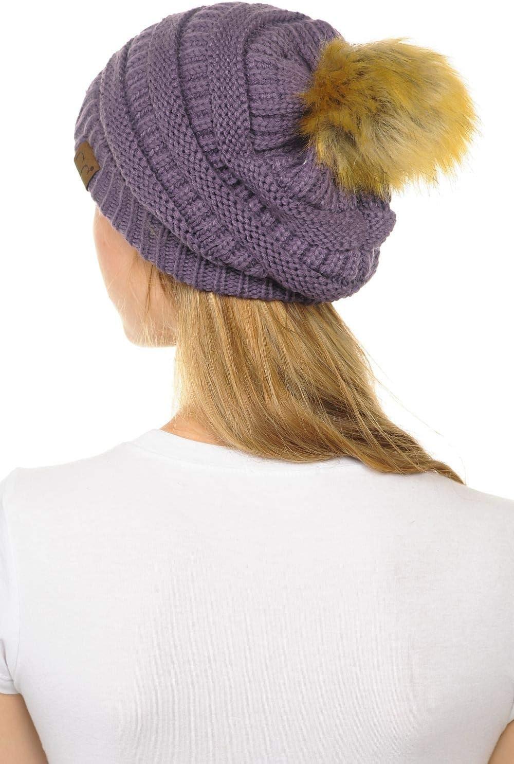 imageCC Hat43 Thick Warm Cap Hat Skully Faux Fur Pom Pom Cable Knit Beanie 2 PackViolet