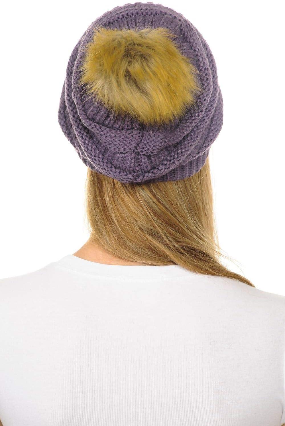 imageCC Hat43 Thick Warm Cap Hat Skully Faux Fur Pom Pom Cable Knit Beanie 2 PackViolet