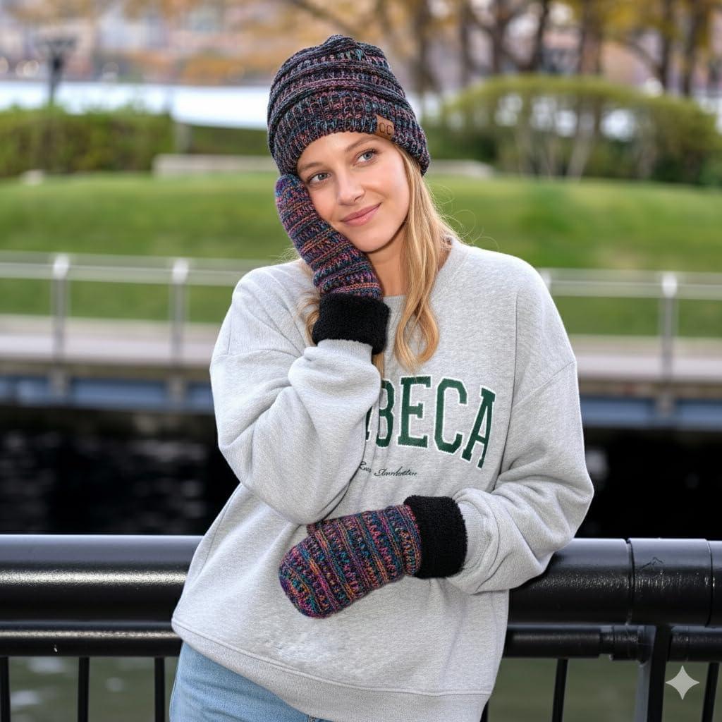 imageCC Hatsandscarf CC Exclusives Solid Color Beanie Tail Hat0 Gift Setblack Multimitten