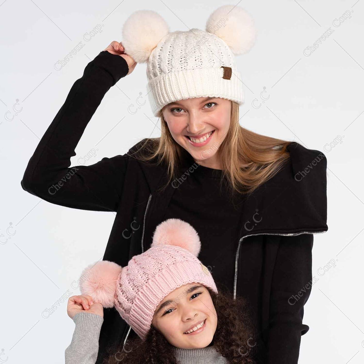 imageCC Hatsandscarf Exclusives Cable Knit Double Pom Winter Beanie HAT2055HAT23Beigecolor Natural Pom