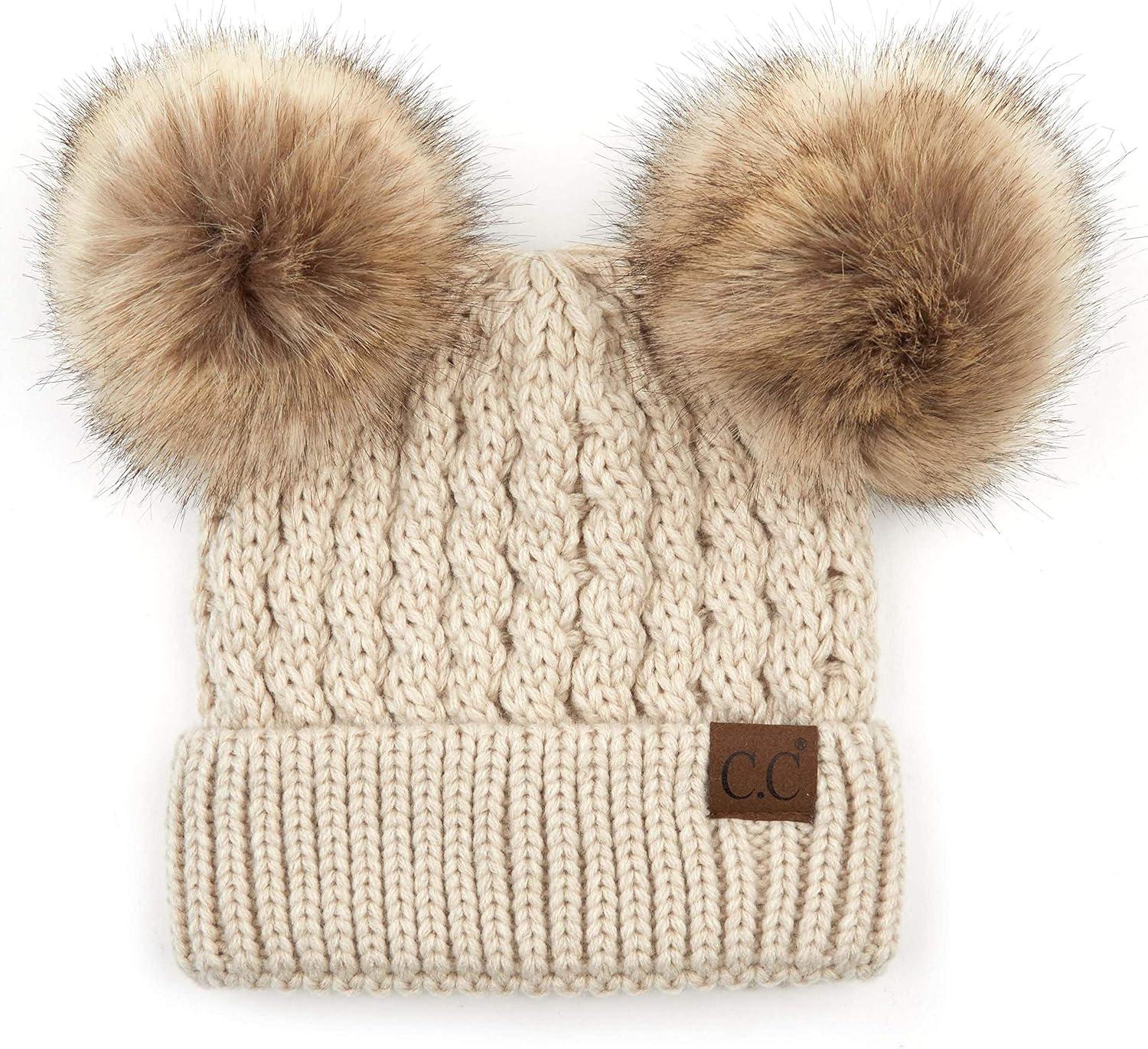 imageCC Hatsandscarf Exclusives Cable Knit Double Pom Winter Beanie HAT2055HAT23Beigenatural Pom