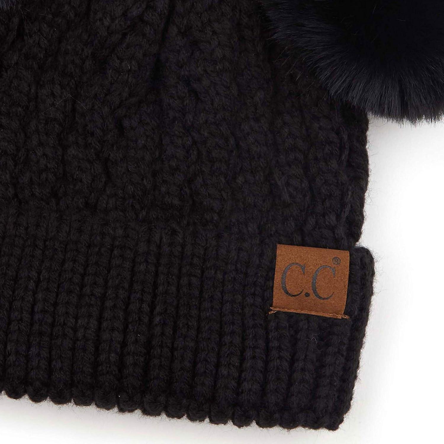 imageCC Hatsandscarf Exclusives Cable Knit Double Pom Winter Beanie HAT2055HAT23Blackcolor Natural Pom