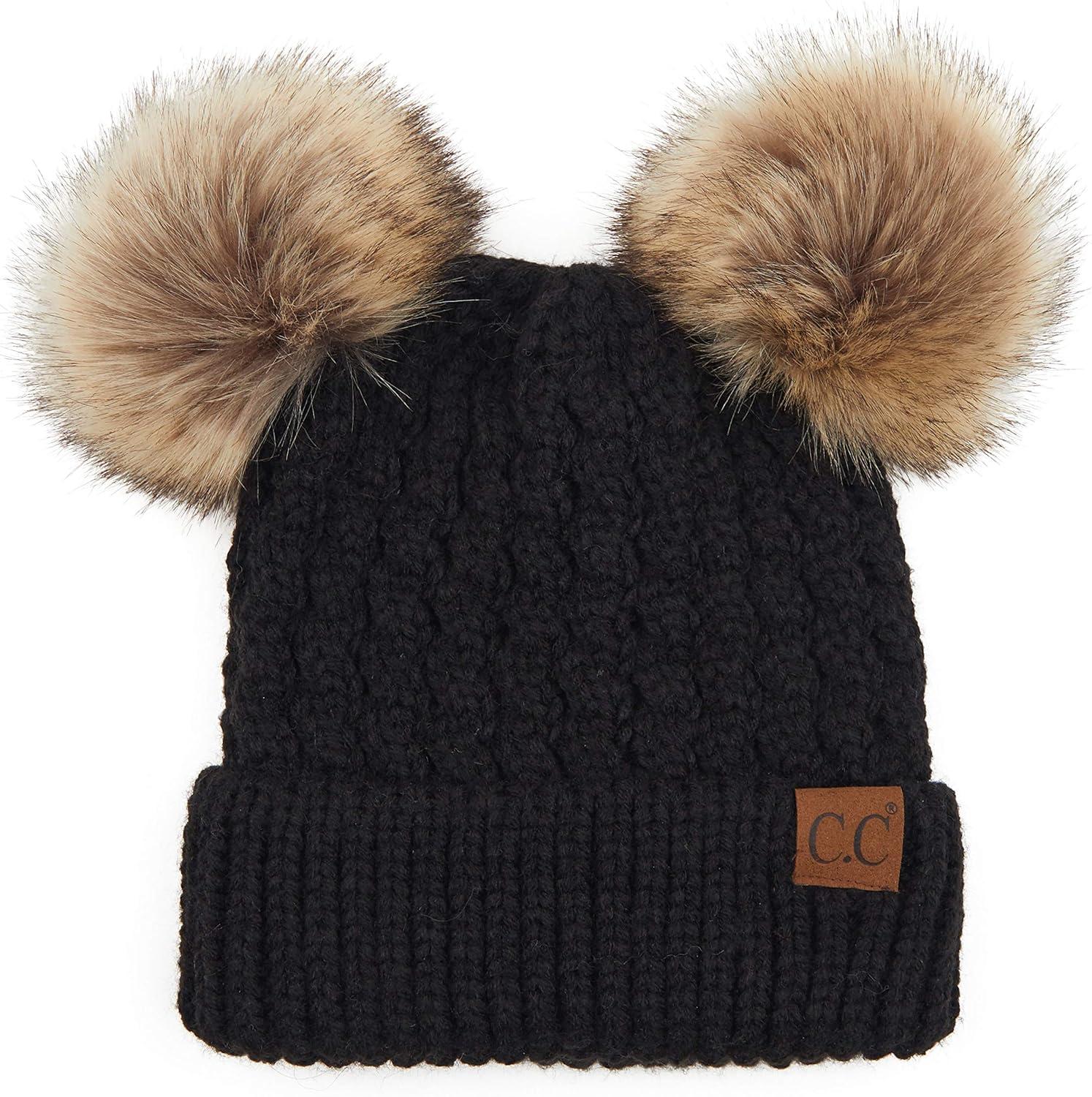 imageCC Hatsandscarf Exclusives Cable Knit Double Pom Winter Beanie HAT2055HAT23Blacknatural Pom