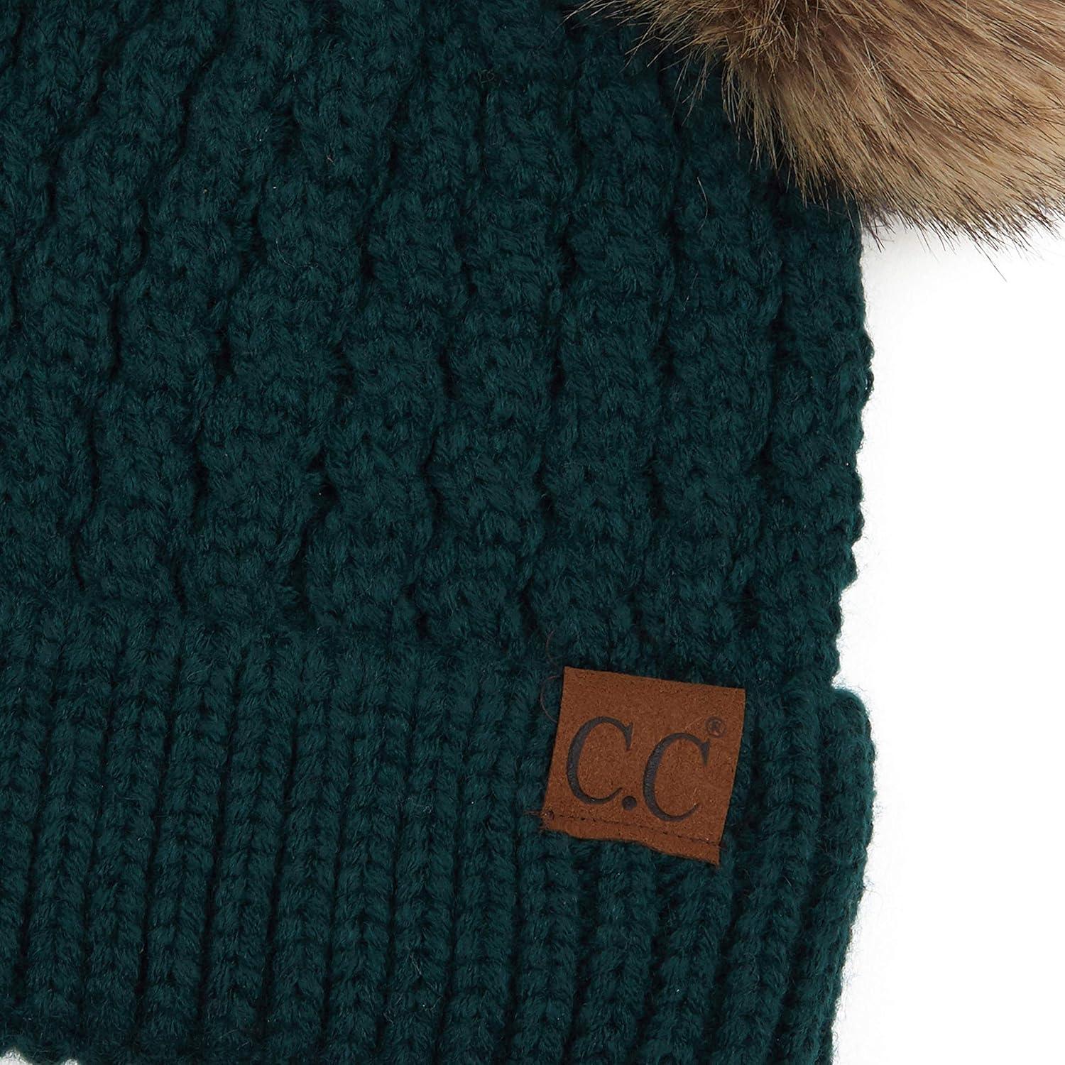 imageCC Hatsandscarf Exclusives Cable Knit Double Pom Winter Beanie HAT2055HAT23Deep Pinenatural Pom
