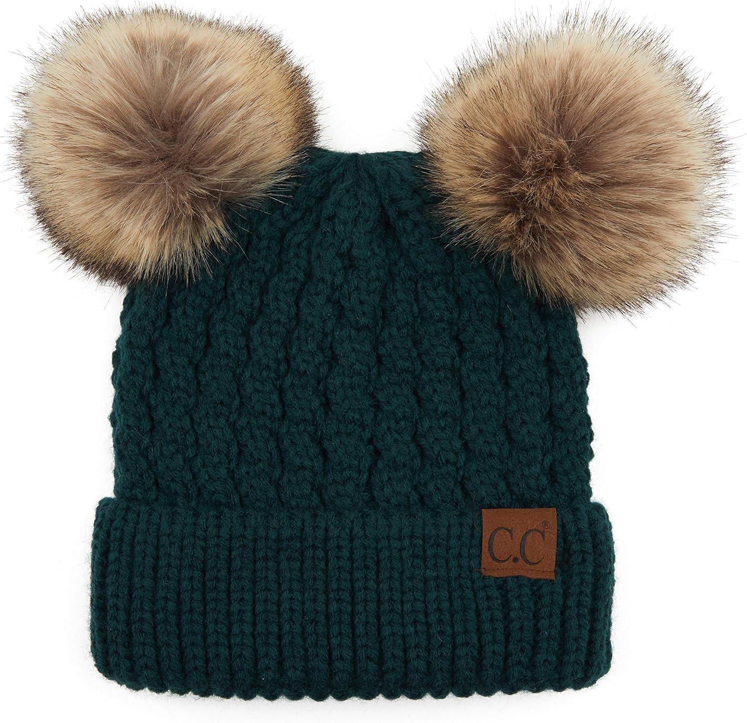 imageCC Hatsandscarf Exclusives Cable Knit Double Pom Winter Beanie HAT2055HAT23Deep Pinenatural Pom