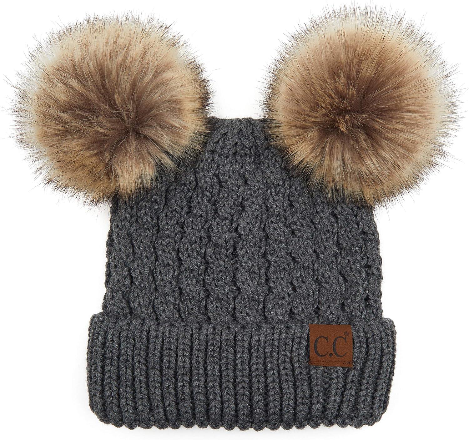 imageCC Hatsandscarf Exclusives Cable Knit Double Pom Winter Beanie HAT2055HAT23Dk Mel Greynatural Pom
