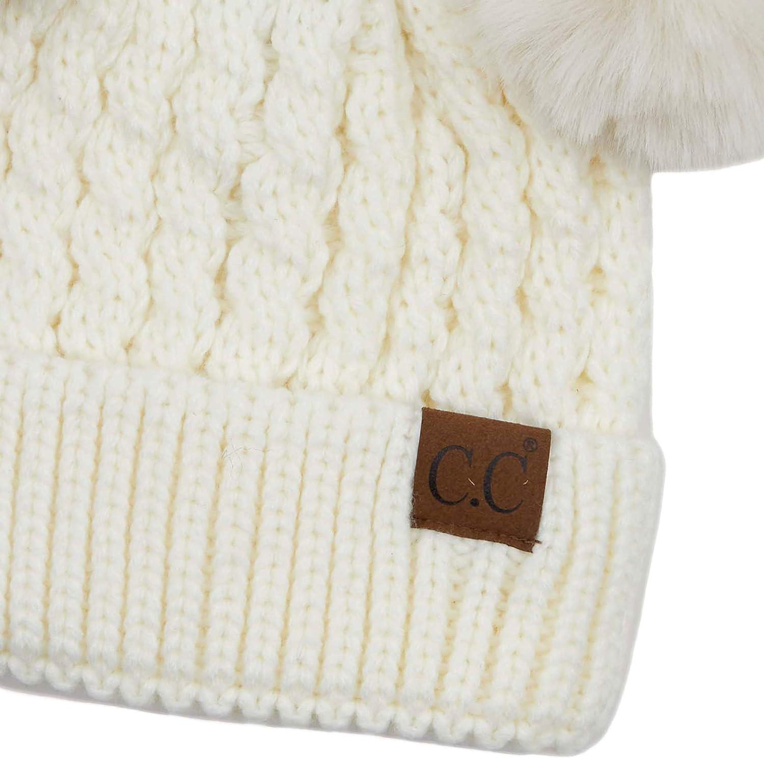imageCC Hatsandscarf Exclusives Cable Knit Double Pom Winter Beanie HAT2055HAT23Ivorycolor Natural Pom