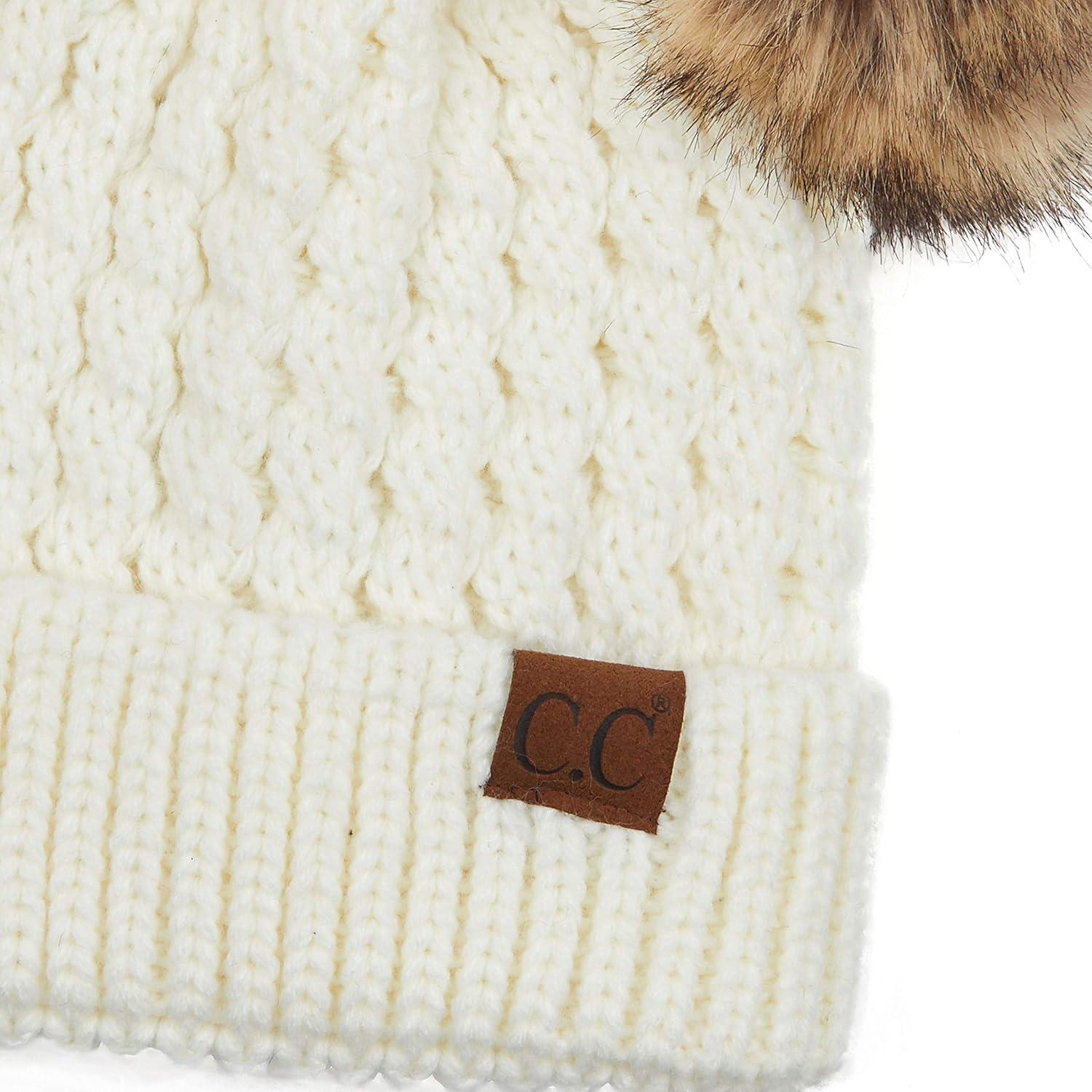 imageCC Hatsandscarf Exclusives Cable Knit Double Pom Winter Beanie HAT2055HAT23Ivorynatural Pom