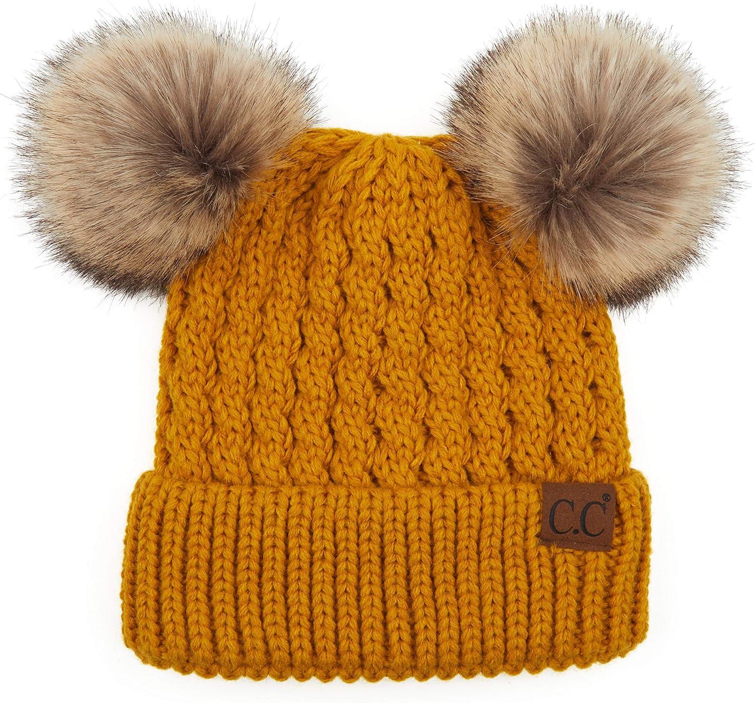 imageCC Hatsandscarf Exclusives Cable Knit Double Pom Winter Beanie HAT2055HAT23Mustardnatural Pom
