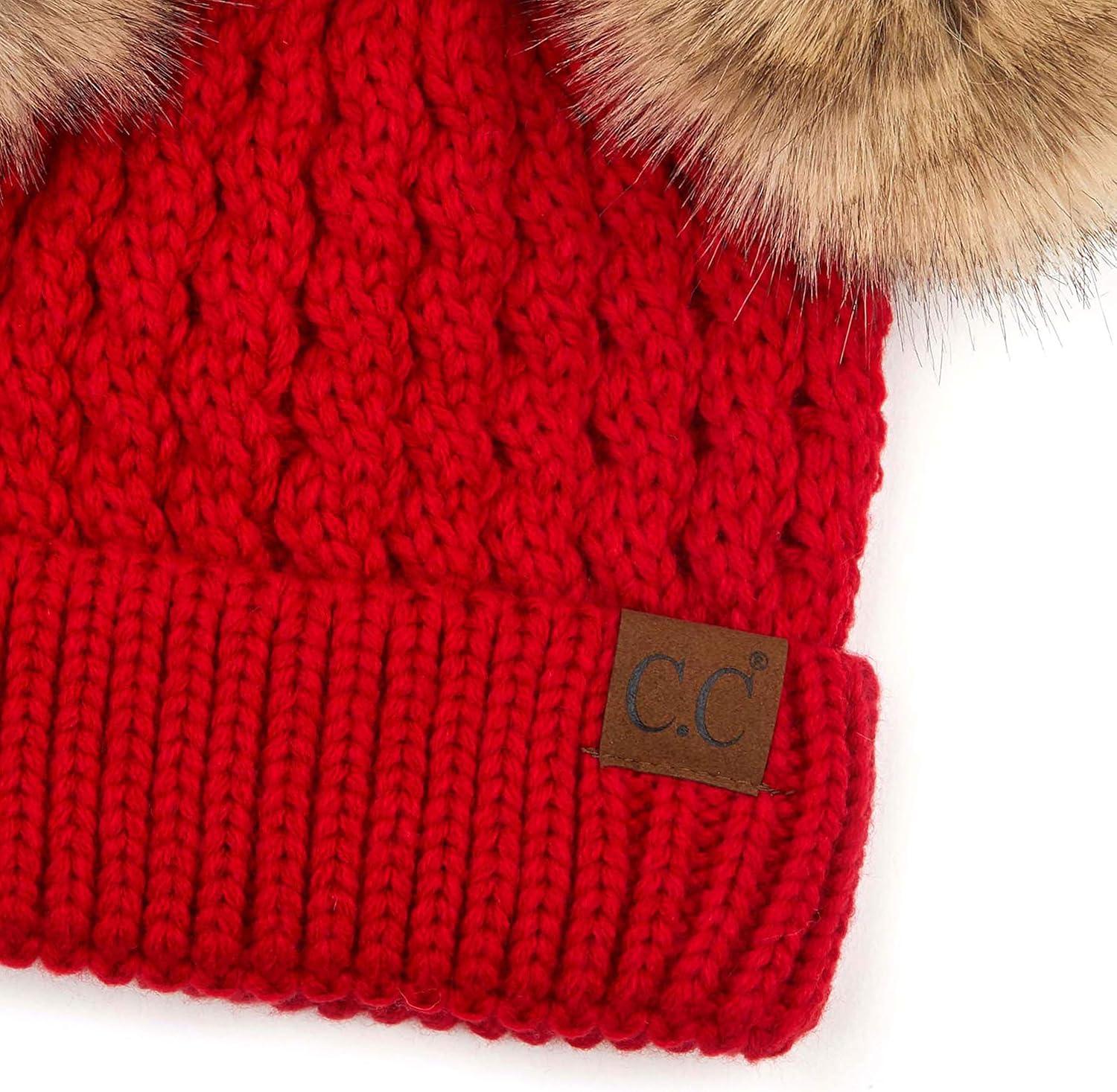 imageCC Hatsandscarf Exclusives Cable Knit Double Pom Winter Beanie HAT2055HAT23Rednatural Pom