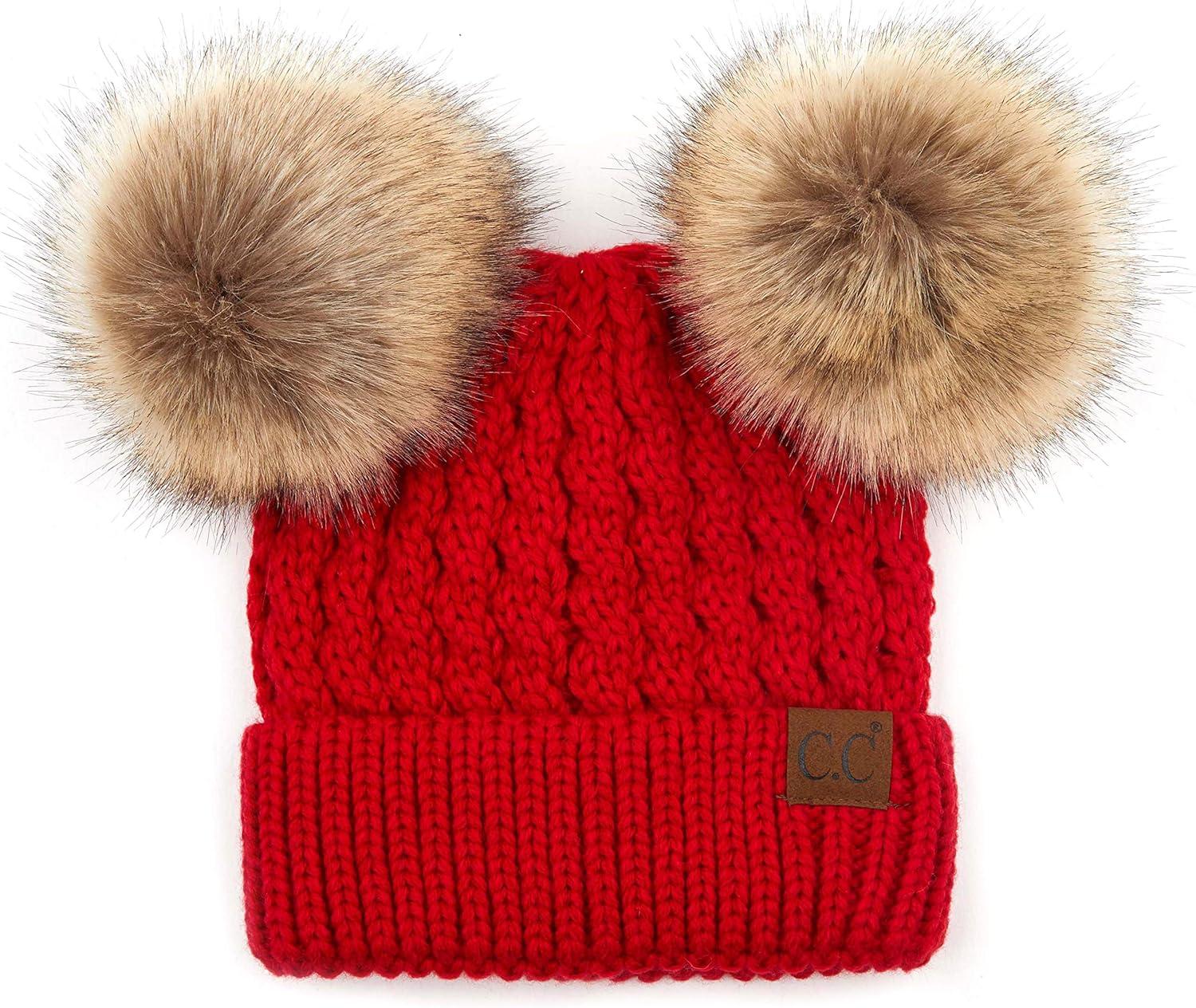 imageCC Hatsandscarf Exclusives Cable Knit Double Pom Winter Beanie HAT2055HAT23Rednatural Pom