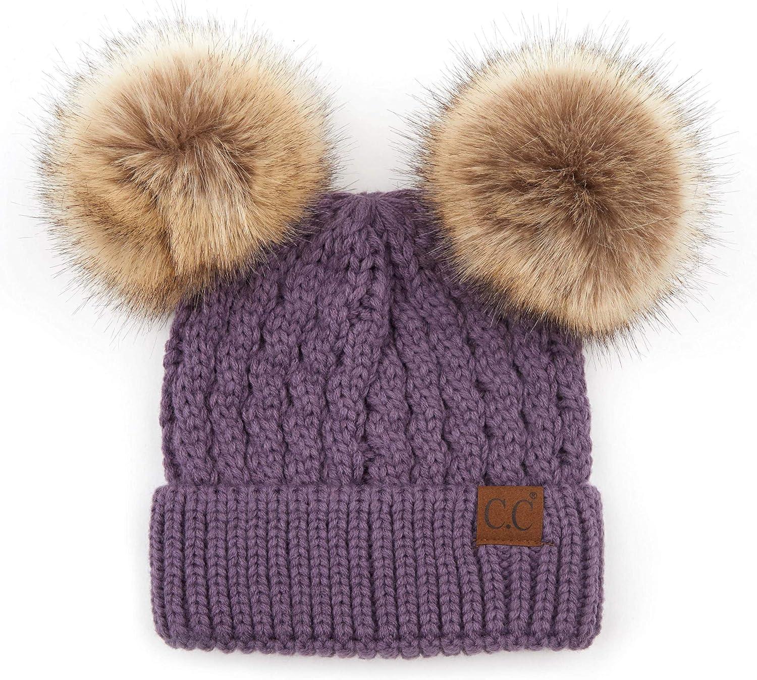 imageCC Hatsandscarf Exclusives Cable Knit Double Pom Winter Beanie HAT2055HAT23Violetnatural Pom