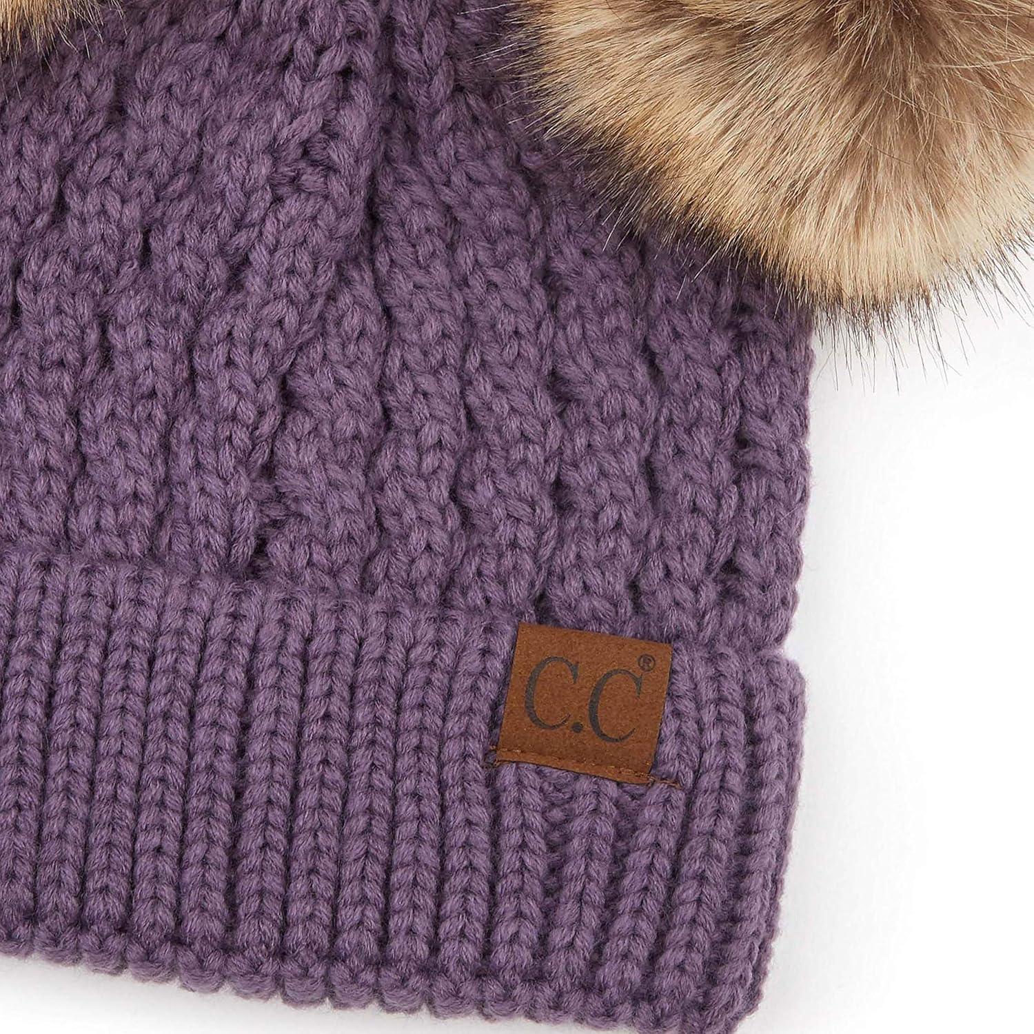 imageCC Hatsandscarf Exclusives Cable Knit Double Pom Winter Beanie HAT2055HAT23Violetnatural Pom