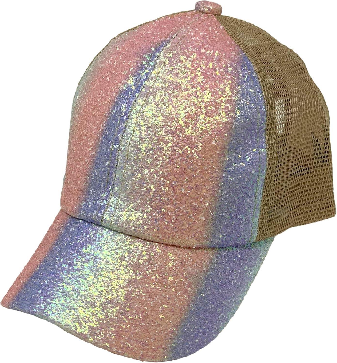 imageCC Kids 25 Ponytail Messy Buns Ponycaps Baseball Visor Cap HatCriss Cross Crystal Chunky Glitter Unicorn