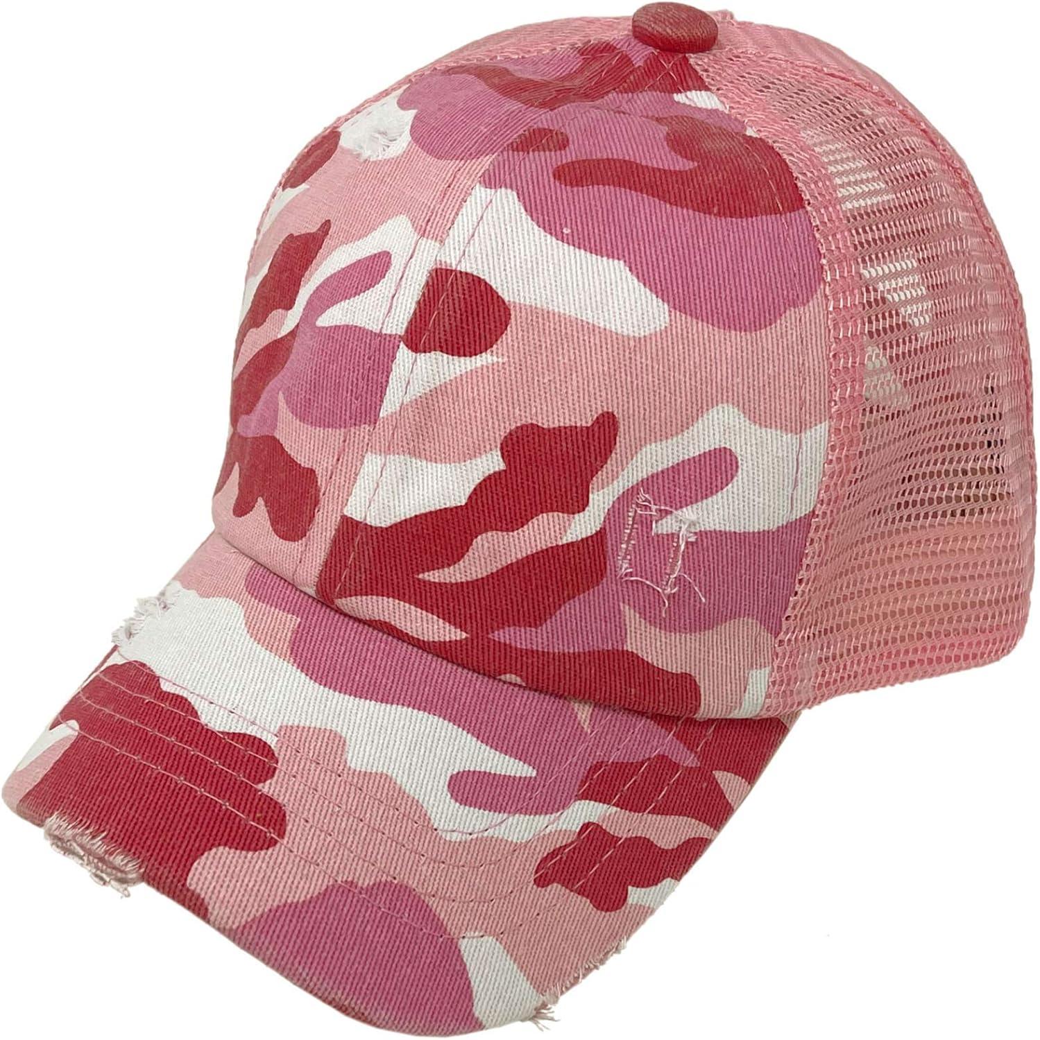 imageCC Kids 25 Ponytail Messy Buns Ponycaps Baseball Visor Cap HatCriss Cross Distressed Camo Pink