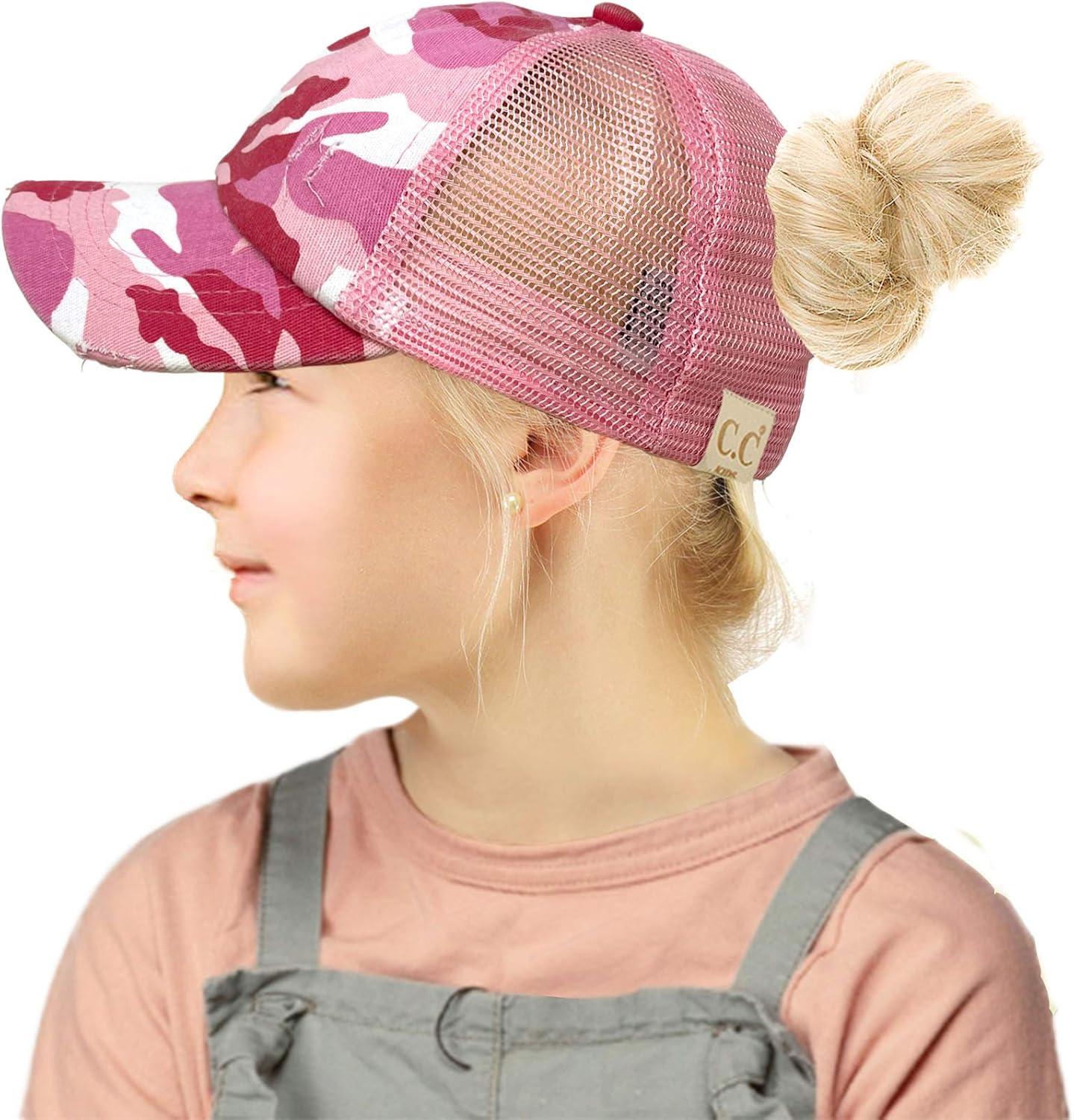 imageCC Kids 25 Ponytail Messy Buns Ponycaps Baseball Visor Cap HatCriss Cross Distressed Camo Pink