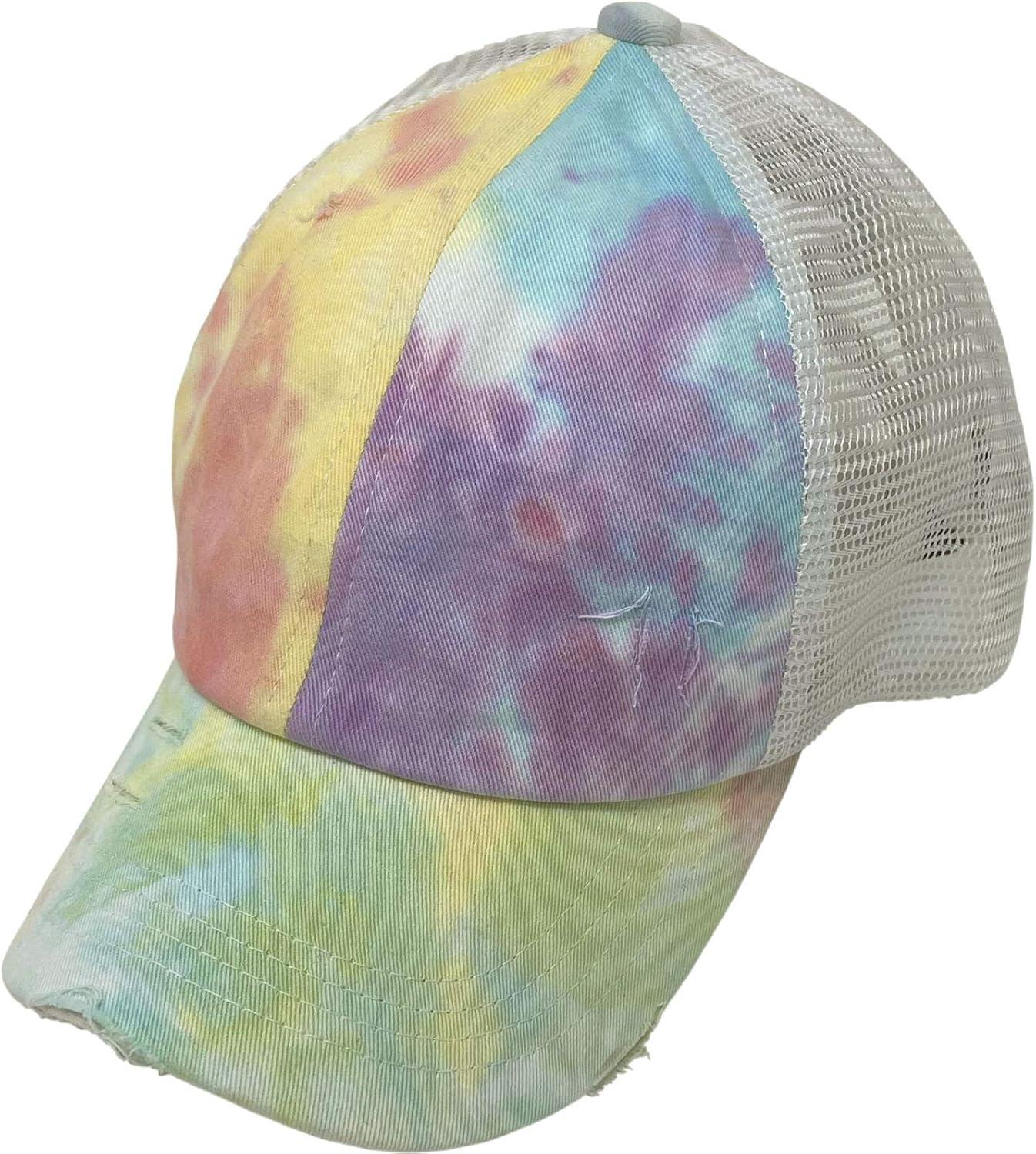 imageCC Kids 25 Ponytail Messy Buns Ponycaps Baseball Visor Cap HatCriss Cross Distressed Tie Dye Cotton Candy