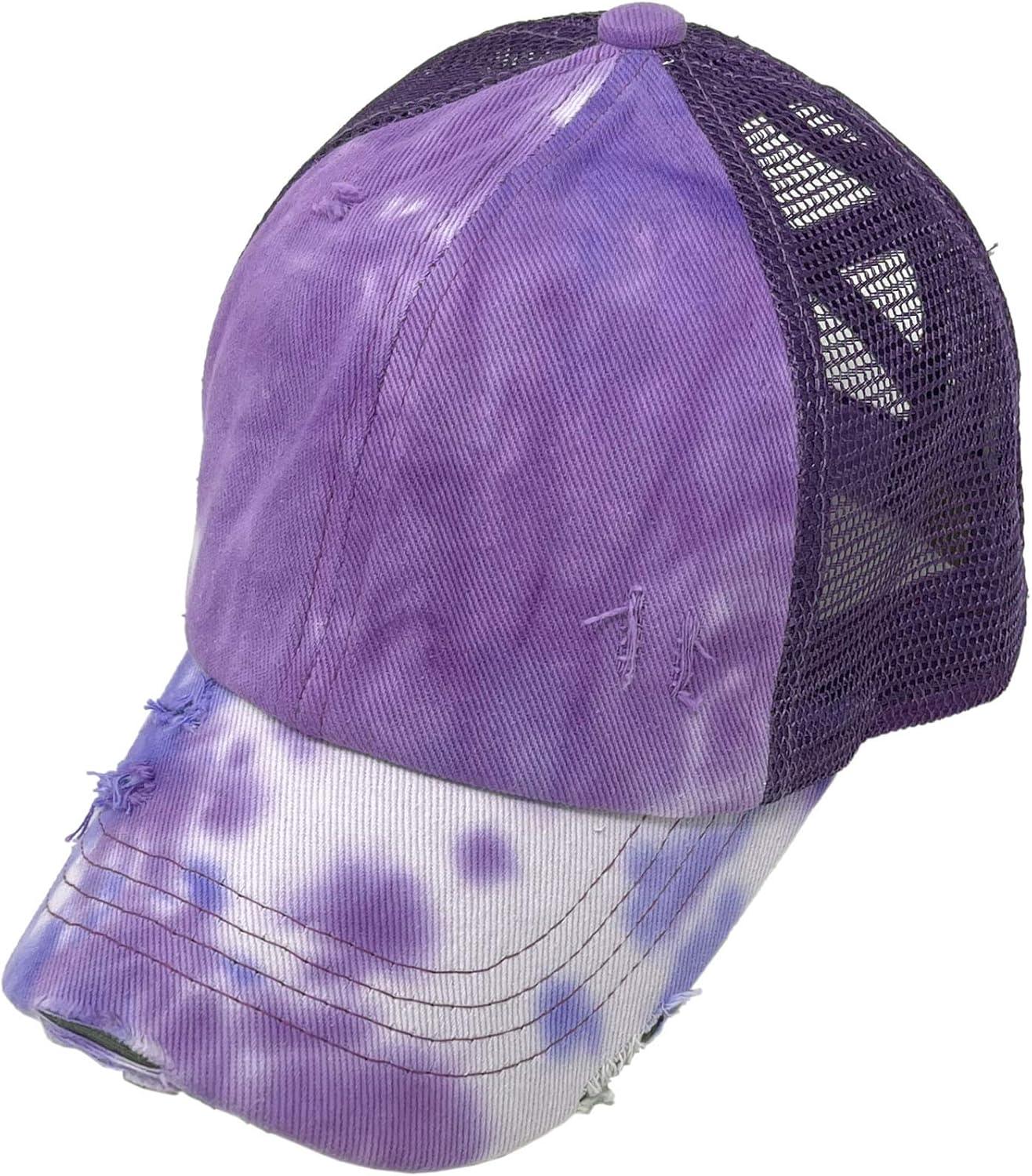 imageCC Kids 25 Ponytail Messy Buns Ponycaps Baseball Visor Cap HatCriss Cross Distressed Tie Dye Purple