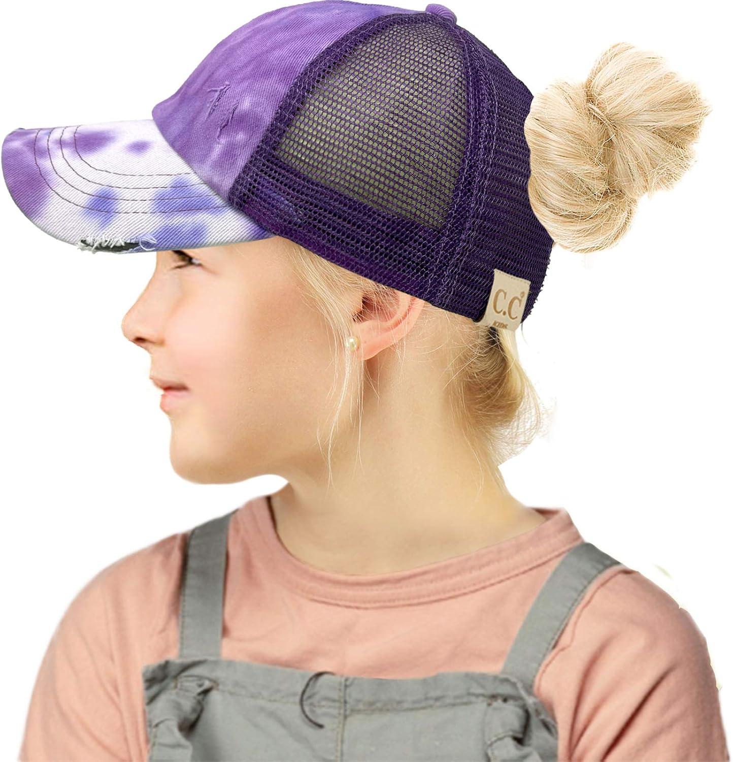 imageCC Kids 25 Ponytail Messy Buns Ponycaps Baseball Visor Cap HatCriss Cross Distressed Tie Dye Purple