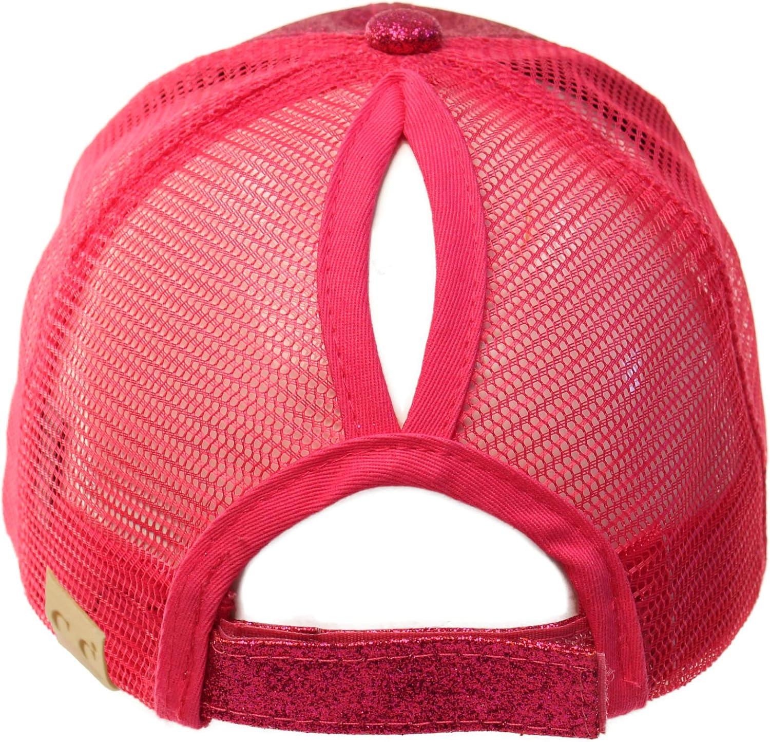 imageCC Kids 25 Ponytail Messy Buns Ponycaps Baseball Visor Cap HatGlitter Hot Pink