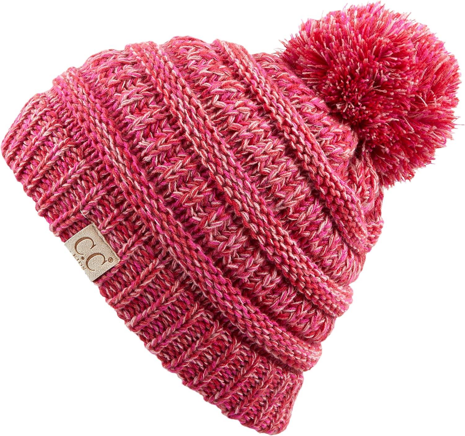 imageCC Kids Beanie Ages 25 Warm Chunky Stretchy Knit Slouch Beanie Skull Kids Hat with Pom4 Tone  Hot Pink Mix