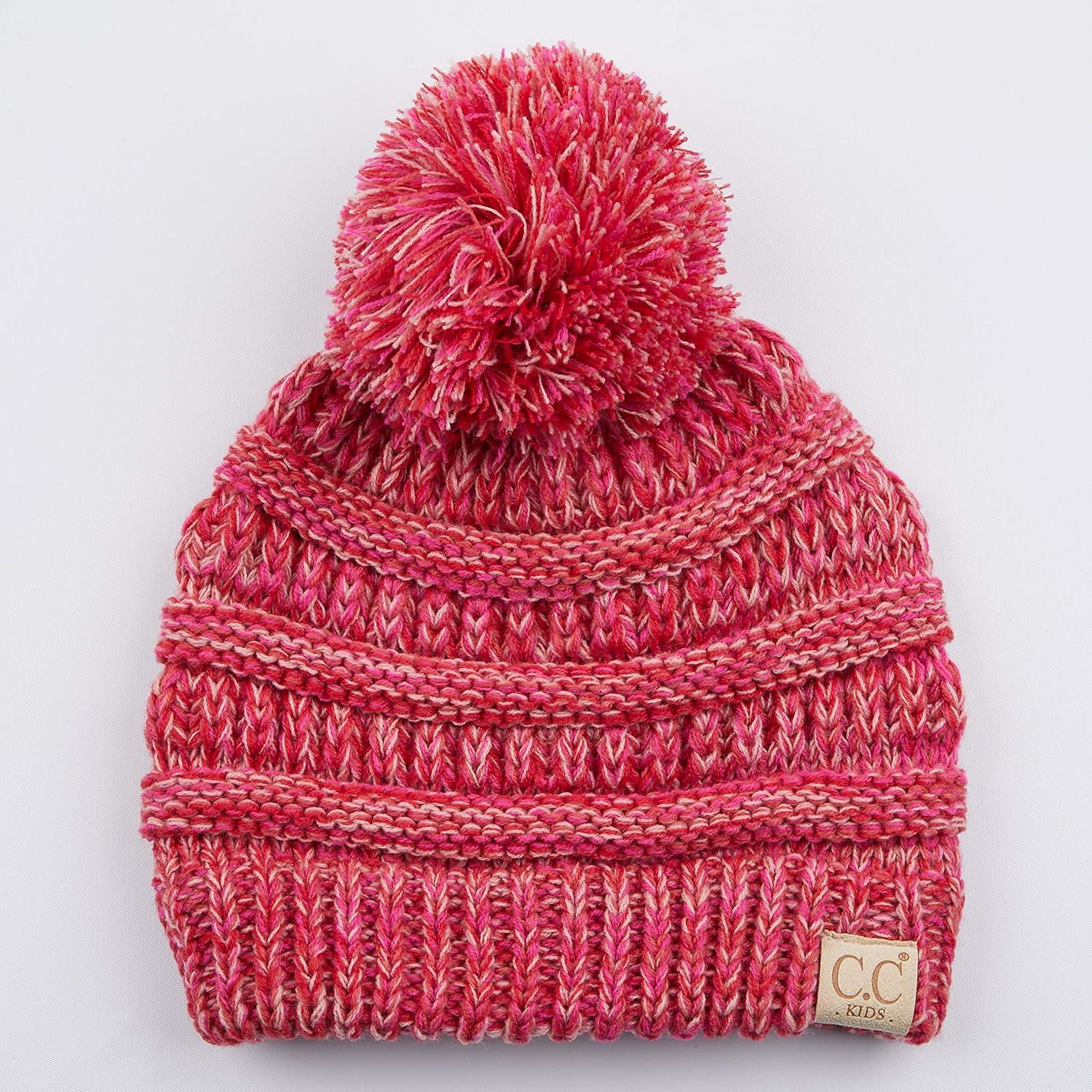 imageCC Kids Beanie Ages 25 Warm Chunky Stretchy Knit Slouch Beanie Skull Kids Hat with Pom4 Tone  Hot Pink Mix