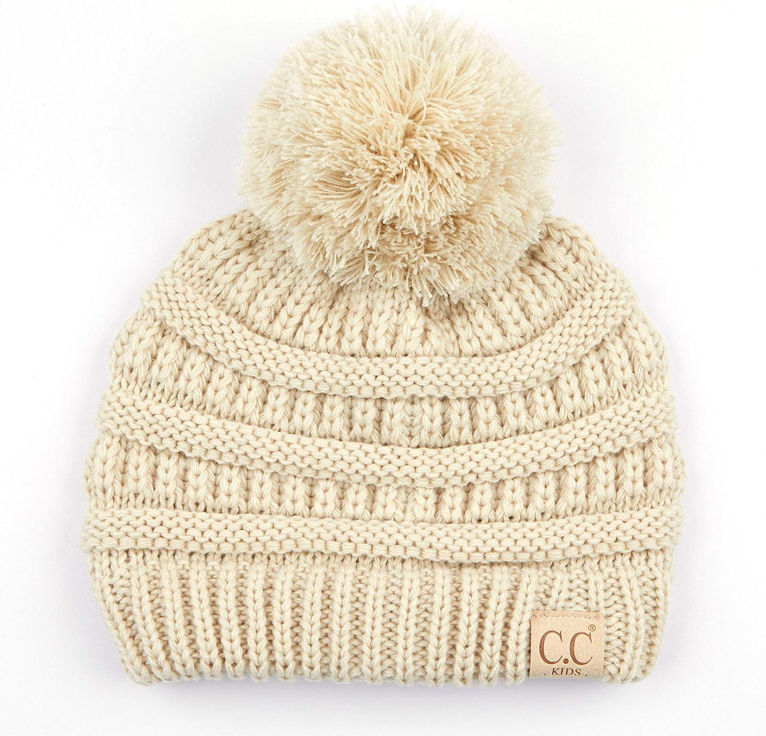 imageCC Kids Beanie Ages 25 Warm Chunky Stretchy Knit Slouch Beanie Skull Kids Hat with PomBeige