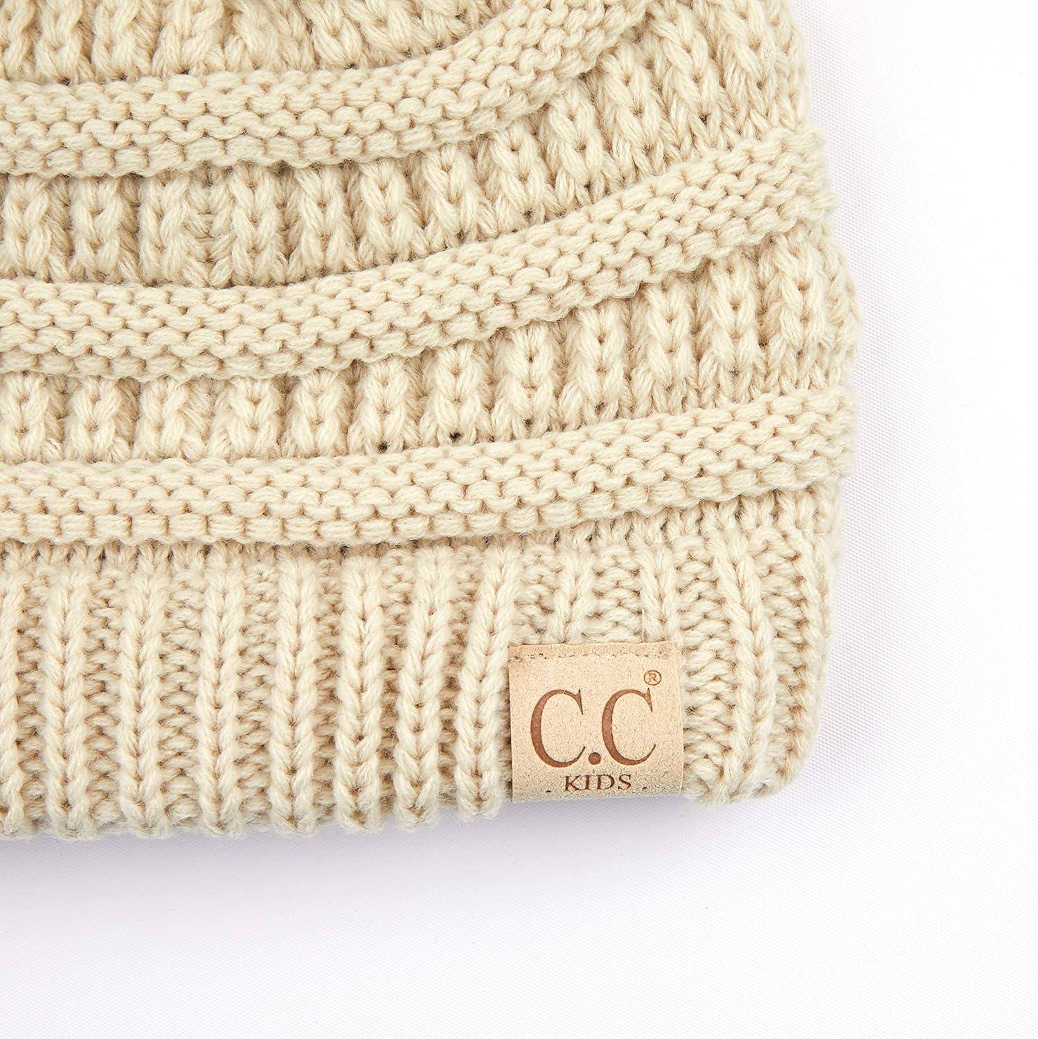 imageCC Kids Beanie Ages 25 Warm Chunky Stretchy Knit Slouch Beanie Skull Kids Hat with PomBeige