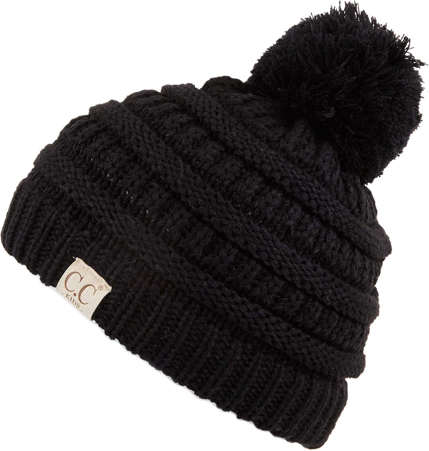 imageCC Kids Beanie Ages 25 Warm Chunky Stretchy Knit Slouch Beanie Skull Kids Hat with PomBlack