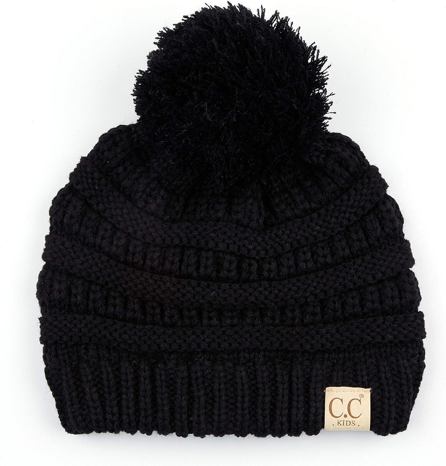 imageCC Kids Beanie Ages 25 Warm Chunky Stretchy Knit Slouch Beanie Skull Kids Hat with PomBlack