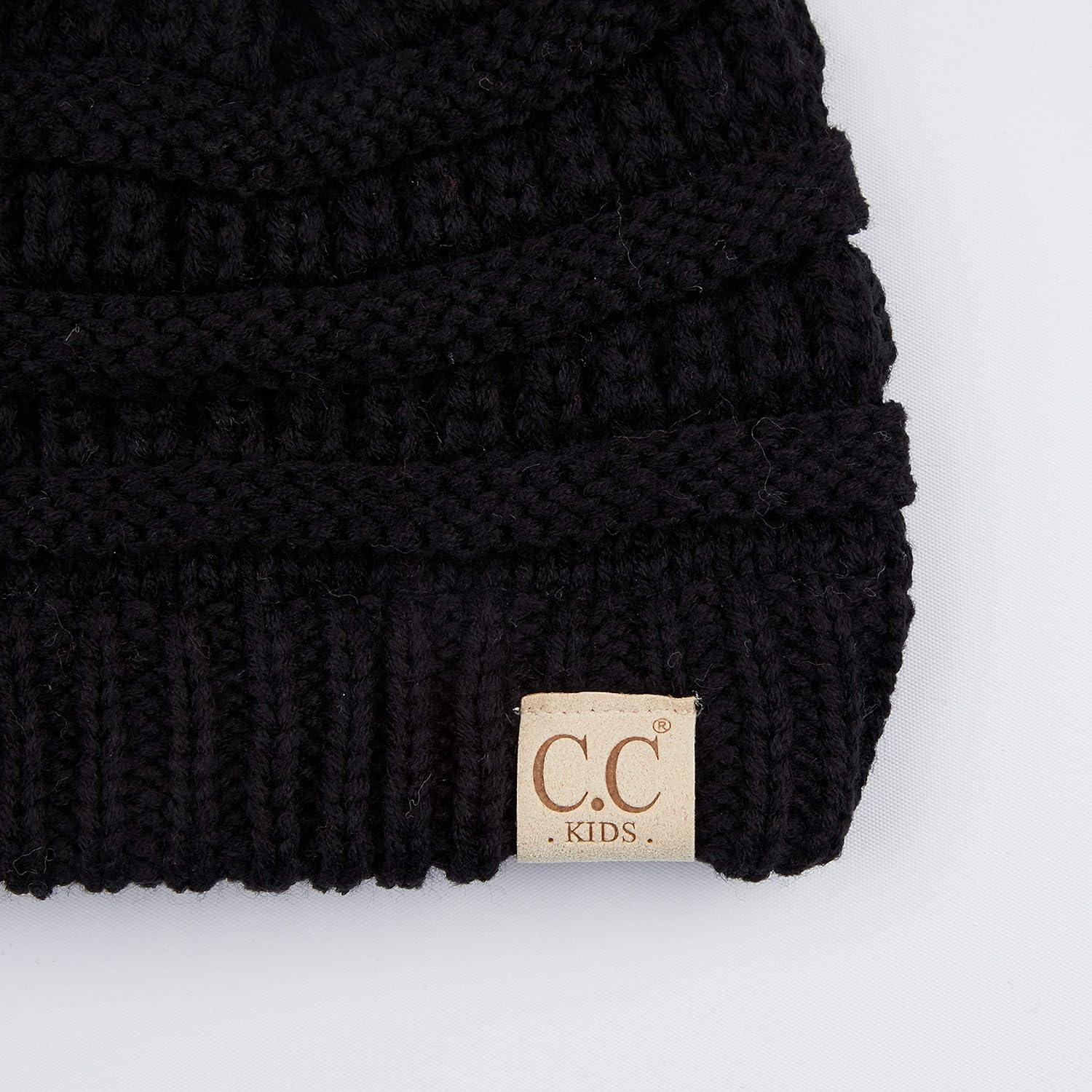 imageCC Kids Beanie Ages 25 Warm Chunky Stretchy Knit Slouch Beanie Skull Kids Hat with PomBlack