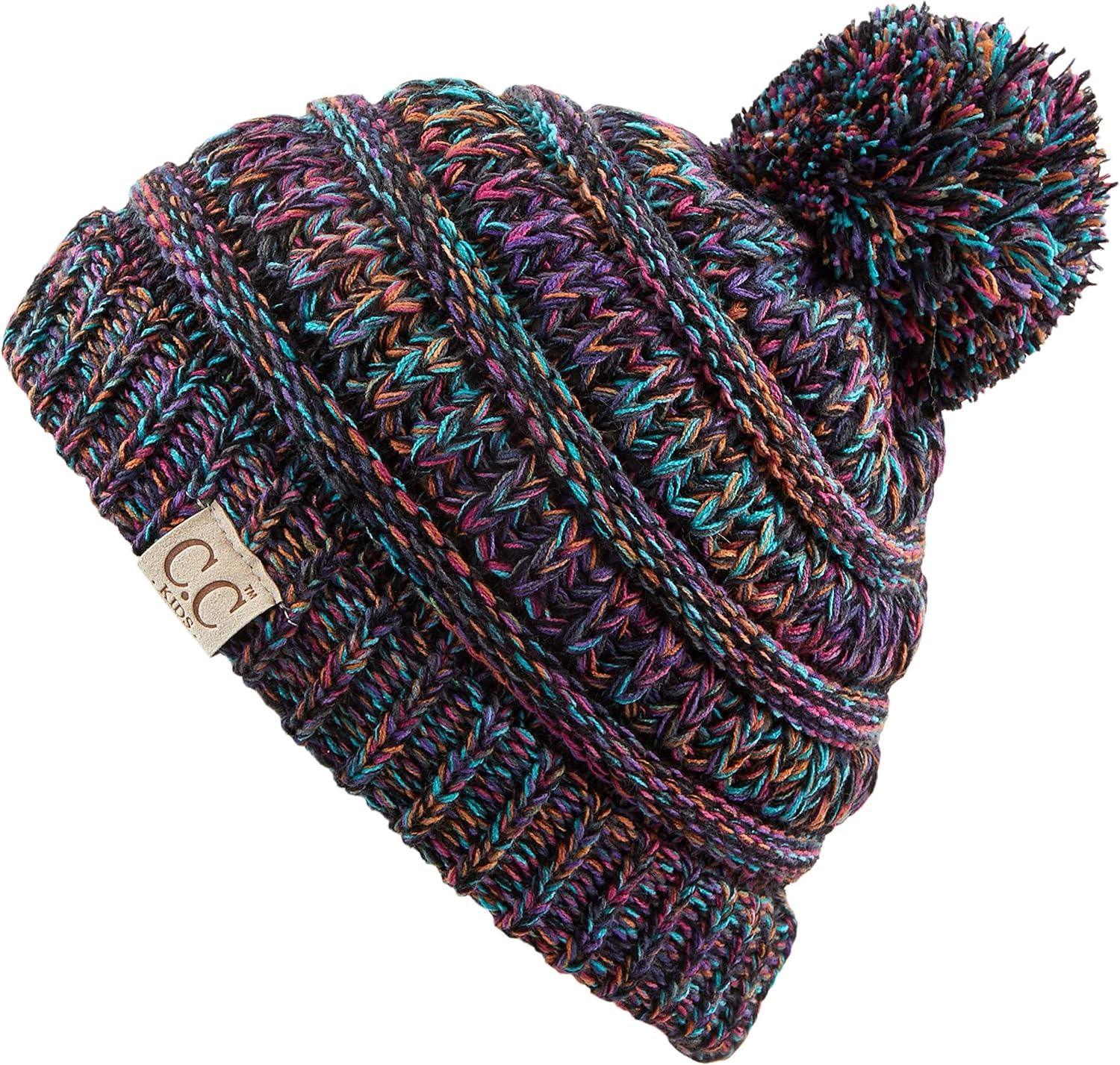 imageCC Kids Beanie Ages 25 Warm Chunky Stretchy Knit Slouch Beanie Skull Kids Hat with PomBlackmulti Mix